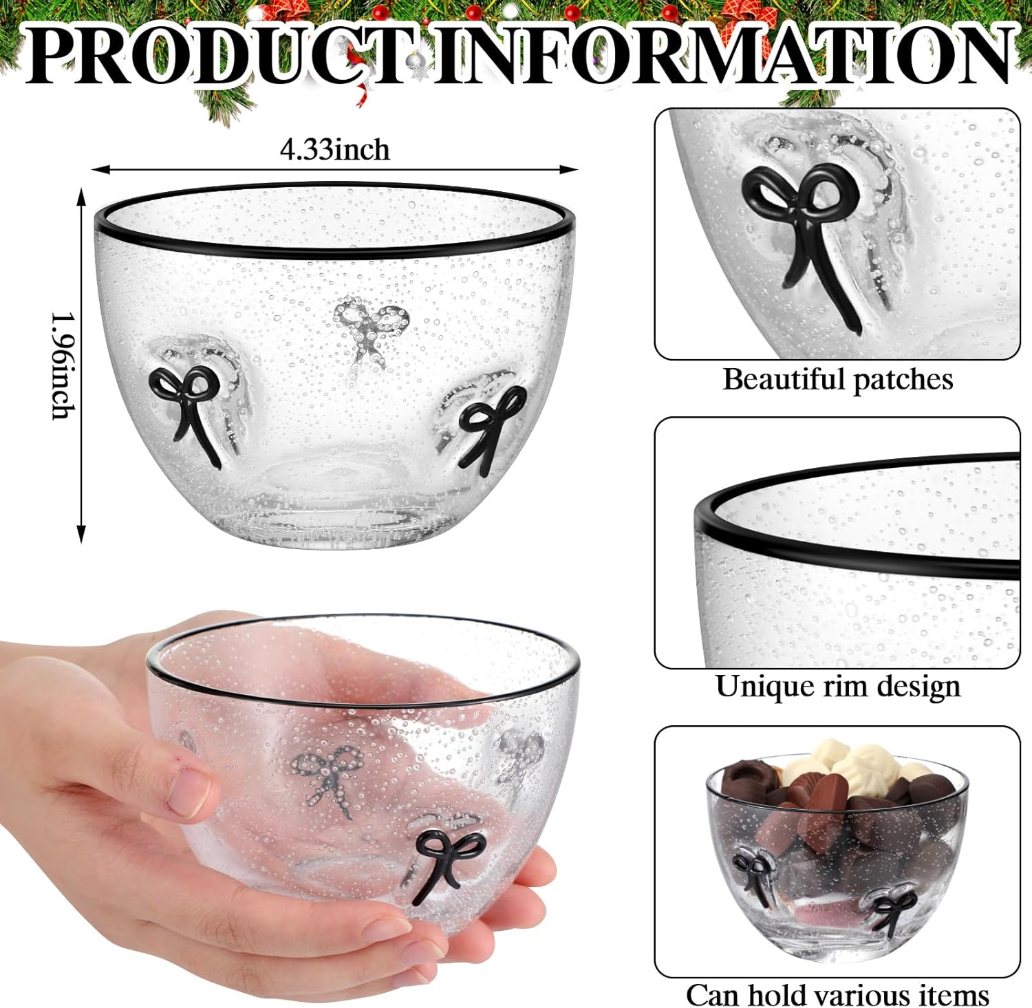 Potchen 2 Pcs Black Bow Candy Bowl Dish, 14oz Glass Dessert Bowls with Black Rim Preppy Girly Decor for Bridal Shower Graduation Party Dessert Table Decor