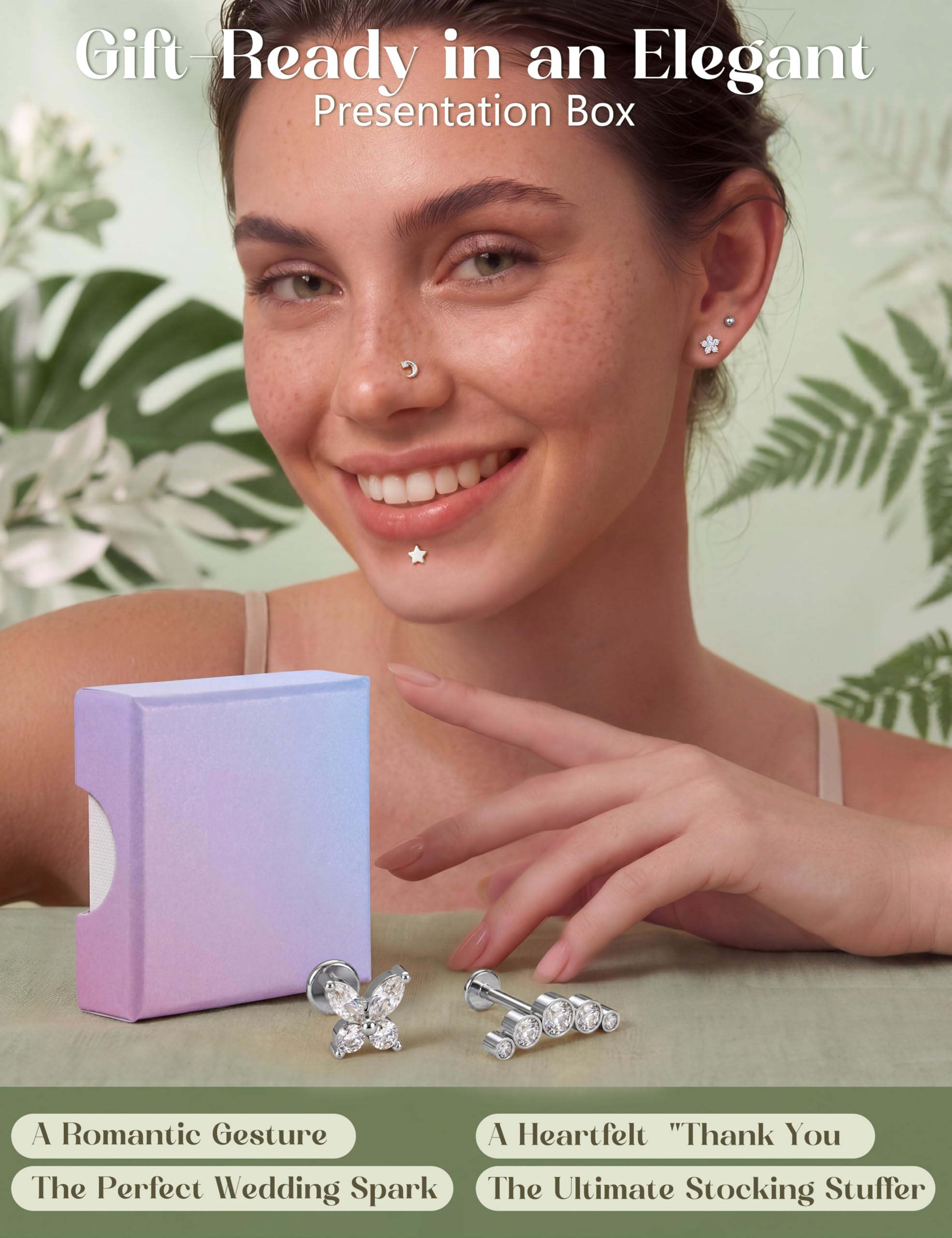 Kakonia 16G/18G Piercing Oreja Plata Oro Acero Inoxidable Pendientes Mujer Hipoalergénico Roscado Interno Cartilago Oreja Piercings Nariz Labret Conch Tragus Helix Piercing