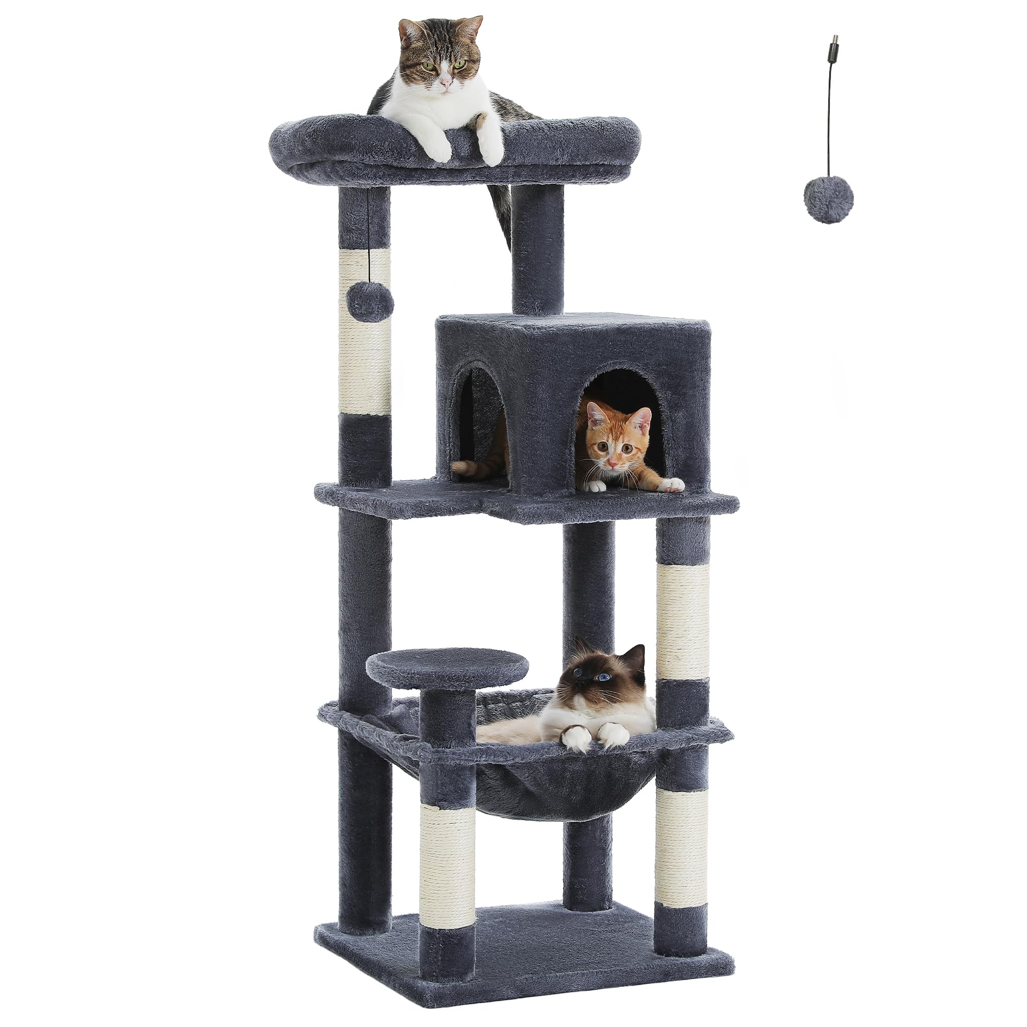 PAWZ Road 143cm Cat Tree for Indoor Cats with Metal Frame Large Hammock, 56.3 Inches Big Cat Tower with Scratching Posts and Top Perch, 4.7ft Multi-Level Activity Center with Replaceable Pompon, Beige — view 25