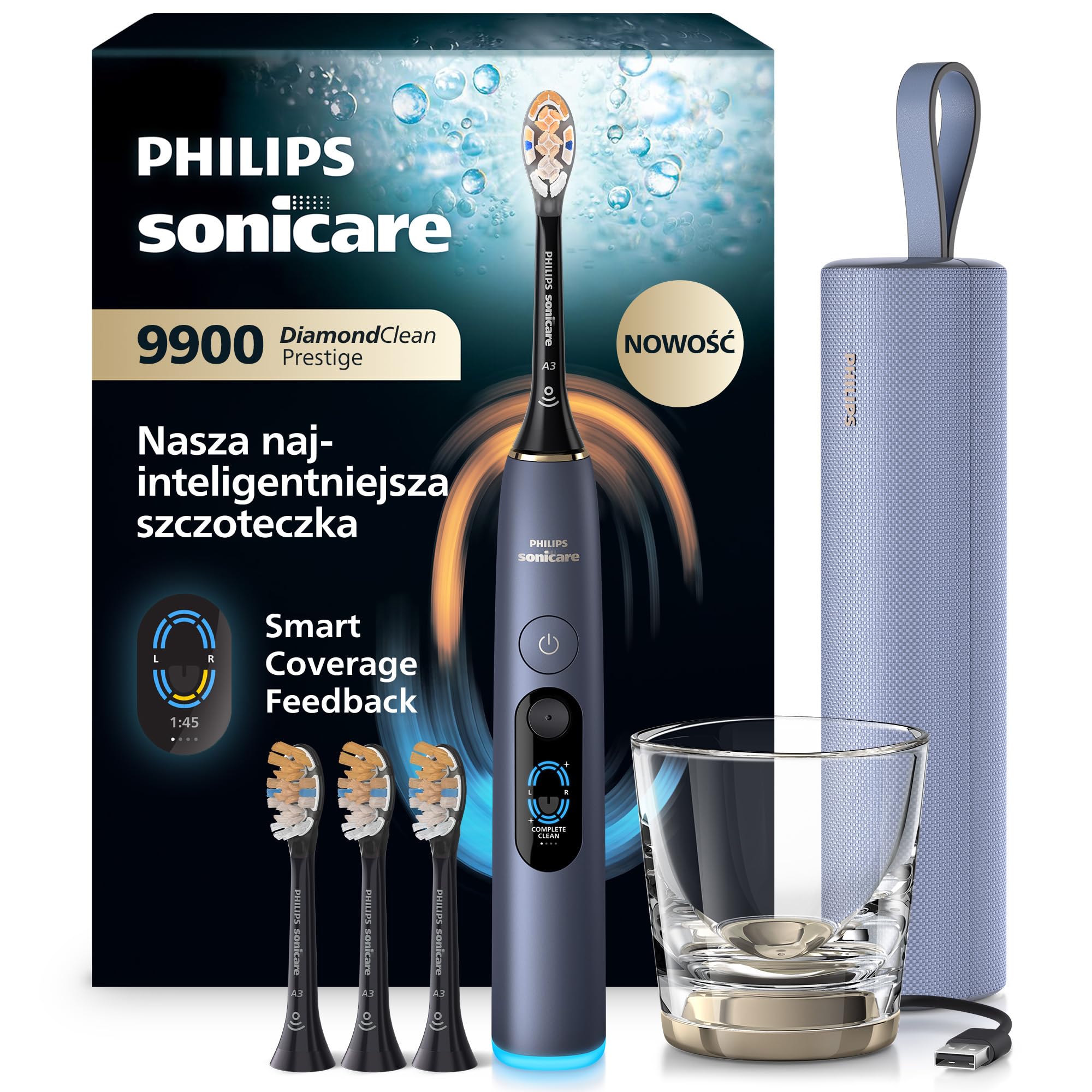 Philips Sonicare: szczoteczka elektryczna nowej generacji DiamondClean 9900 Prestige – z SenseIQ, Smart Coverage Feedback i Smart Pressure Feedback, 24 ustawienia, kolor: Storm Blue, model HX9815/98