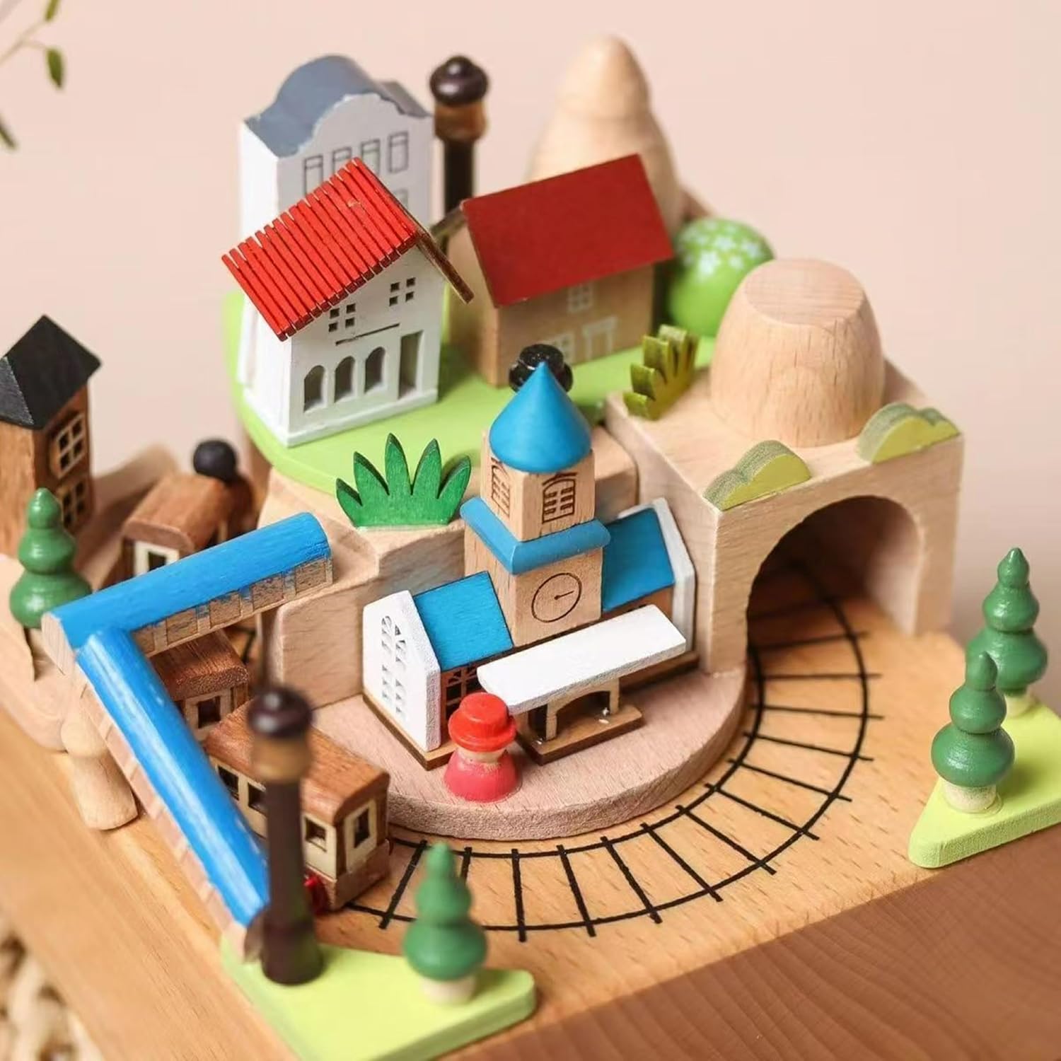 Natural Solid Wood Handcrafted Beech Wooden, Musical FigureTotoro/Carousel/Fairy/Ballerina Figurine,Rotating Hand Crank Mechanism Music Box,Musical Decorations (Bell Tower and Train)