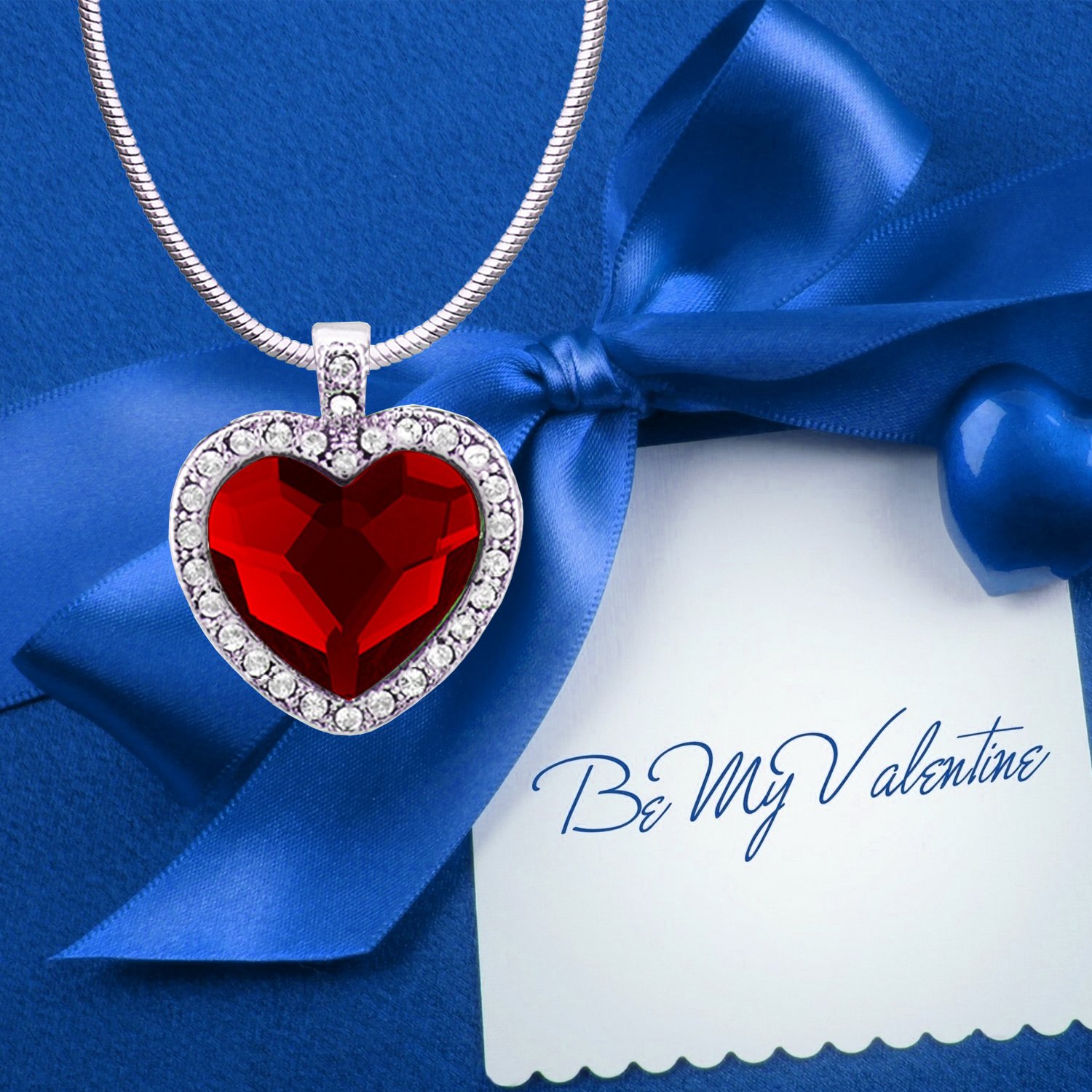 Rhodium Plated Red Heart Pendant with Crystals