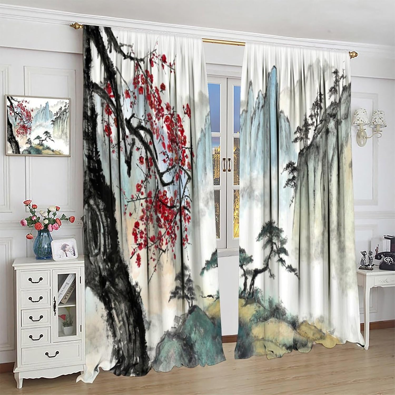 Ink Painting Curtains, Vintage Asian Landscape Red Plum Blossom Landscape Painting Blackout Window Treatments, Thermally Insulated Rod Pocket Drapes for Boys Girls Living Room Bedroom 42x45in
