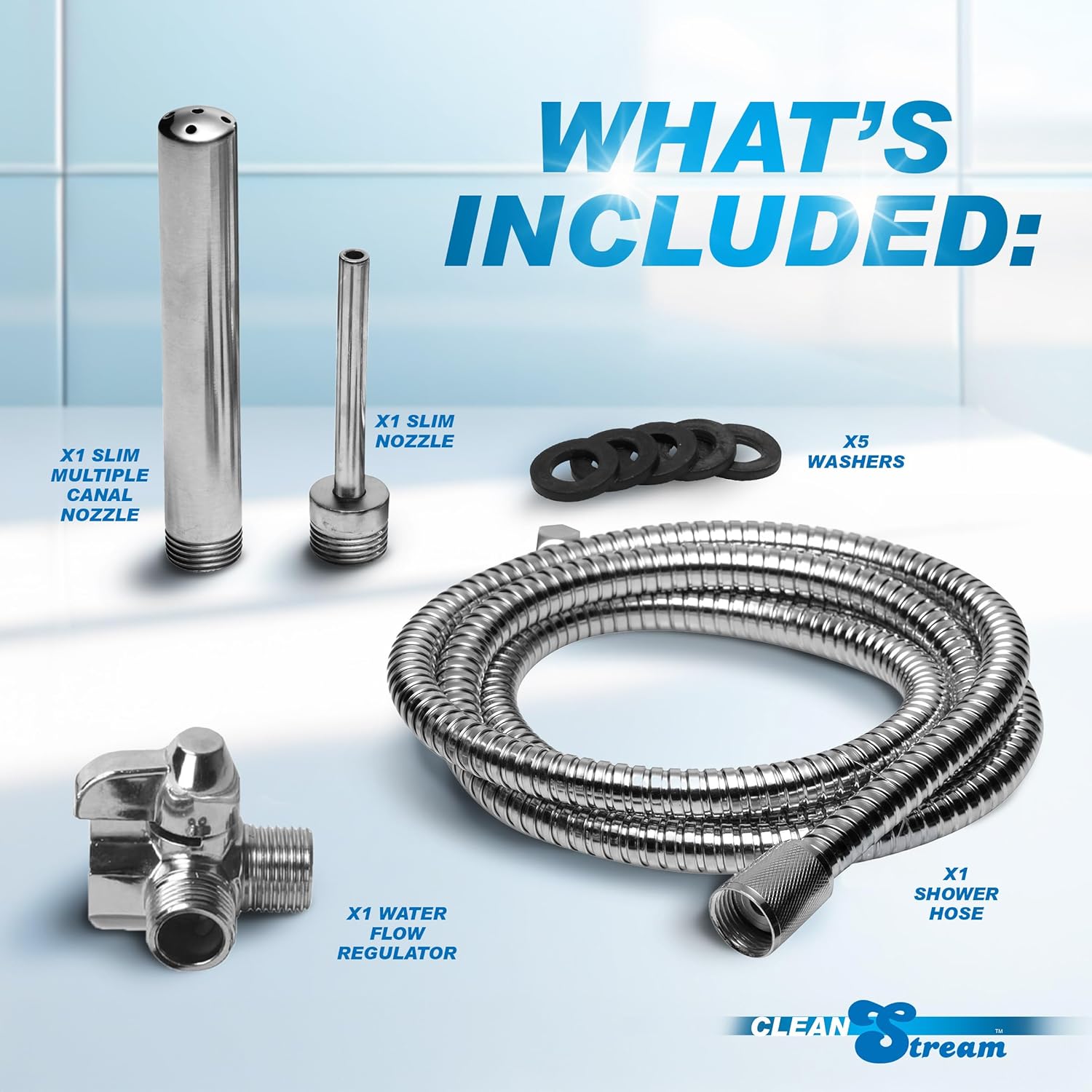 Cleanstream Shower Enema System with 6Foot Metal Hose, Dual Nozzle Set (3.5 & 5 Inch), Easy Shower Integration with Flow Control Valve, Personal Cleansing Kit for Adjustable Hygiene Care