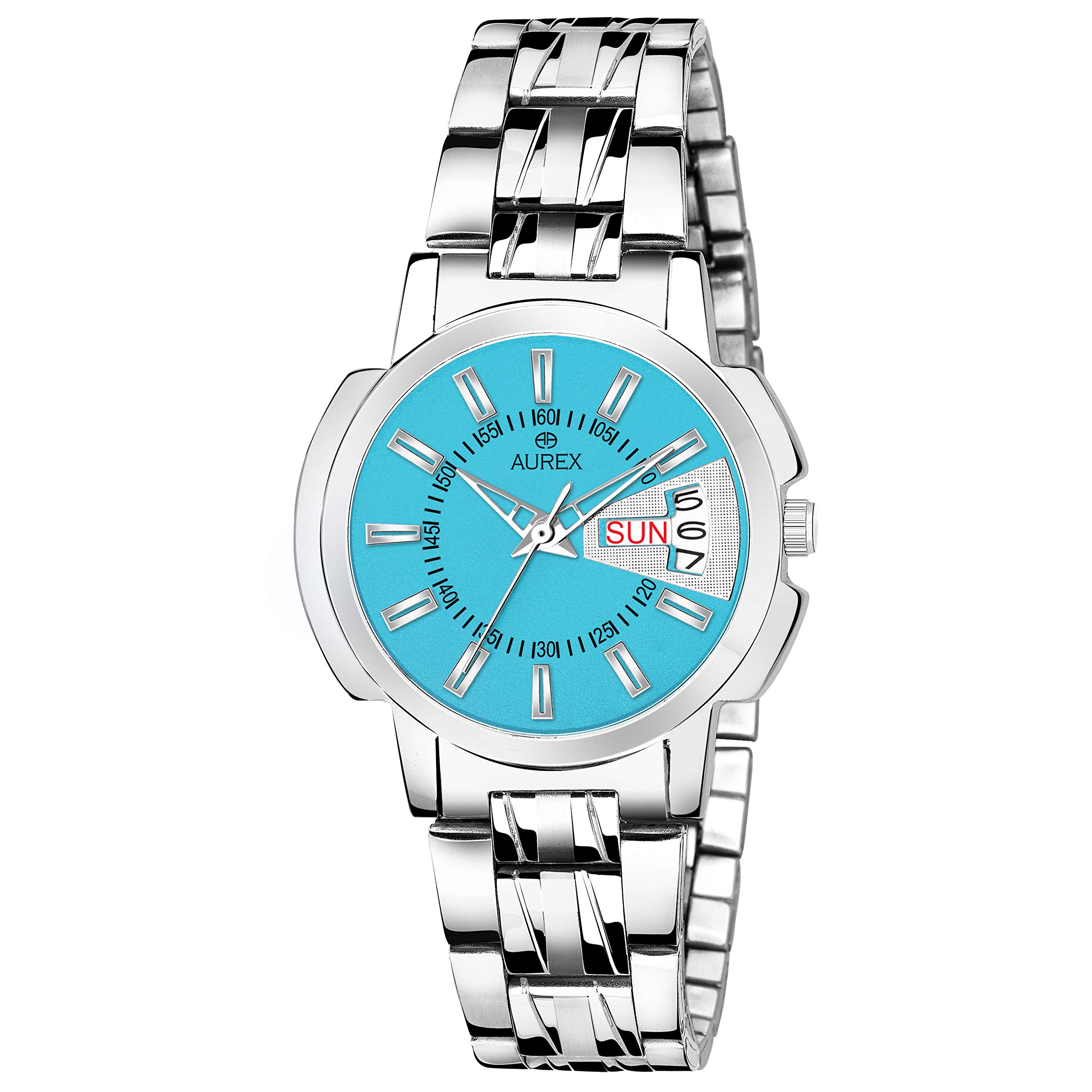 AUREX Sky Blue Dial Round Shaped Day & Date Functioning Stainless Steel Bracelet Watch for Ladies/Women/Girls (AX-LR522-SKYC) (B08DK5LMW3) Amazon Price History, Amazon Price Tracker