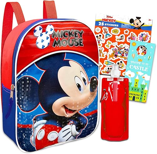 Mickey Mouse Mini mochila para niños pequeños, paquete con mochila preescolar de Mickey de 11 pulgadas, bolsa de agua, calcomanías, más Mochila