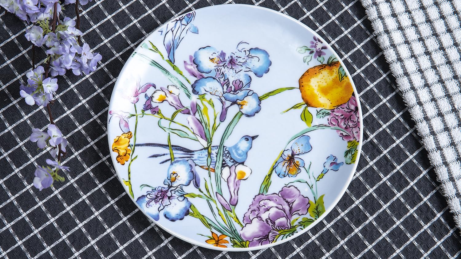 GOLDEN QUEEN'S Snack Plates Set of 4 | Perfect for Serving Small Bites, Desserts, Appetizers, Salads, Tapas, Cheese Boards | 7 inches Wide | Microwave Safe - Blue Floral Songbird
