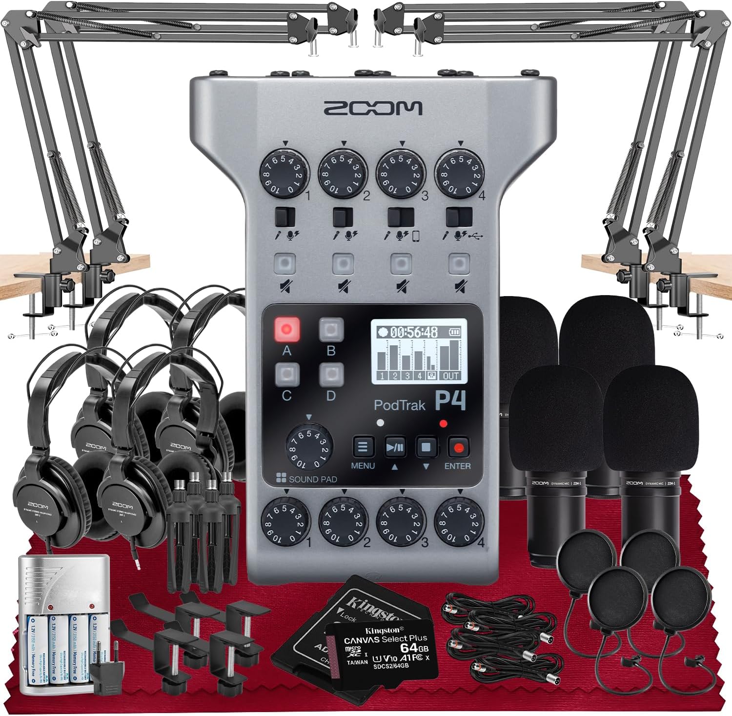 Zoom PodTrak P4 Portable Multitrack Podcast Recorder, Audio Interface w/ 4 Mic Inputs, 4 Headphone Outputs with 64GB SD, 4X Zoom Podcast Mic Pack, 4X Pop Filter Set, 4AA Rechargeable Batteries & More