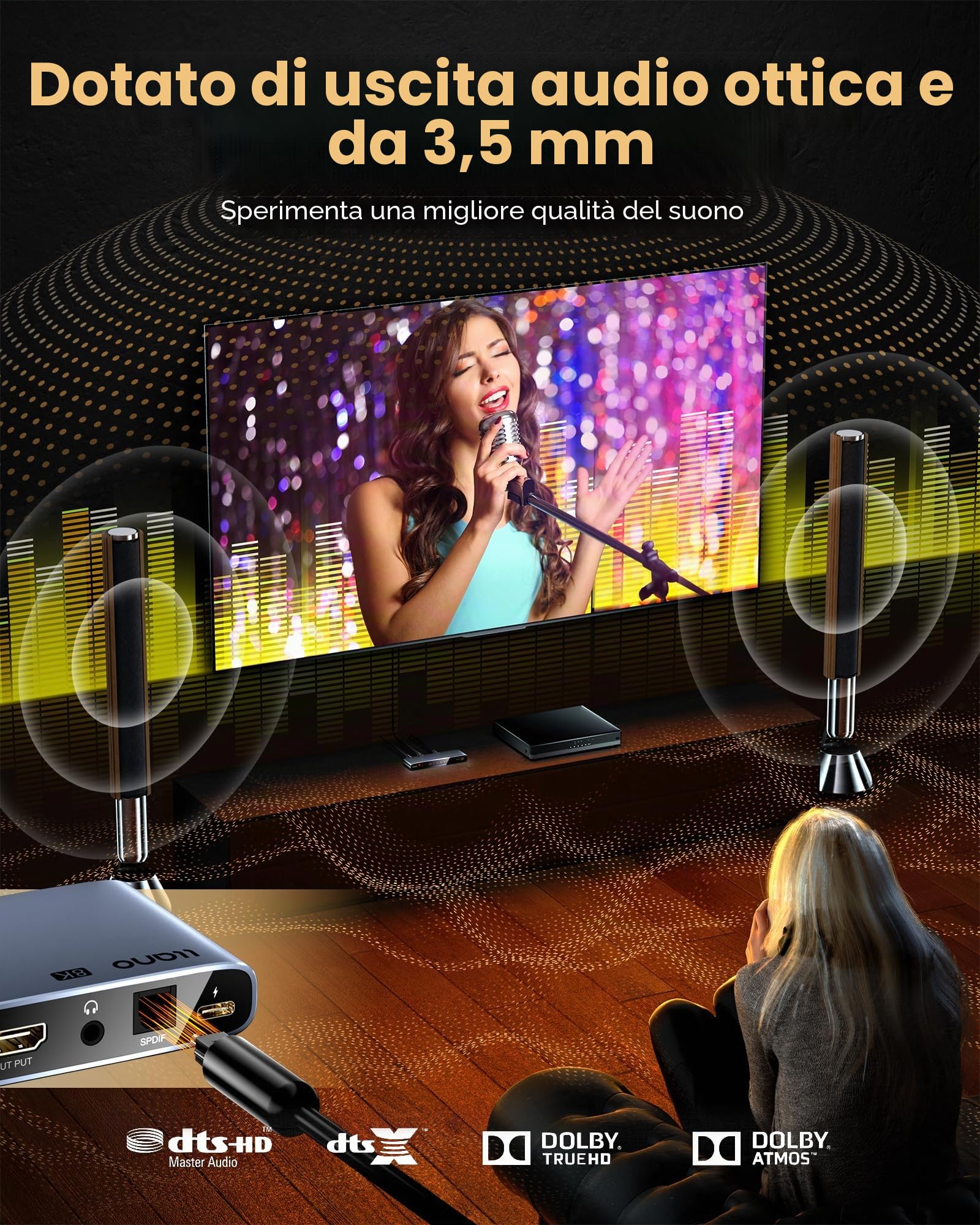 llano Switch HDMI 2.1 4K a 120 Hz HDMI con estrattore audio (ottico e uscita 3,5 mm, SPDIF 7.1Ch, alta velocità 48 Gbps), convertitore audio HDMI 4 in 1 Out compatibile con PS4/PS5 Xbox Roku (grigio)