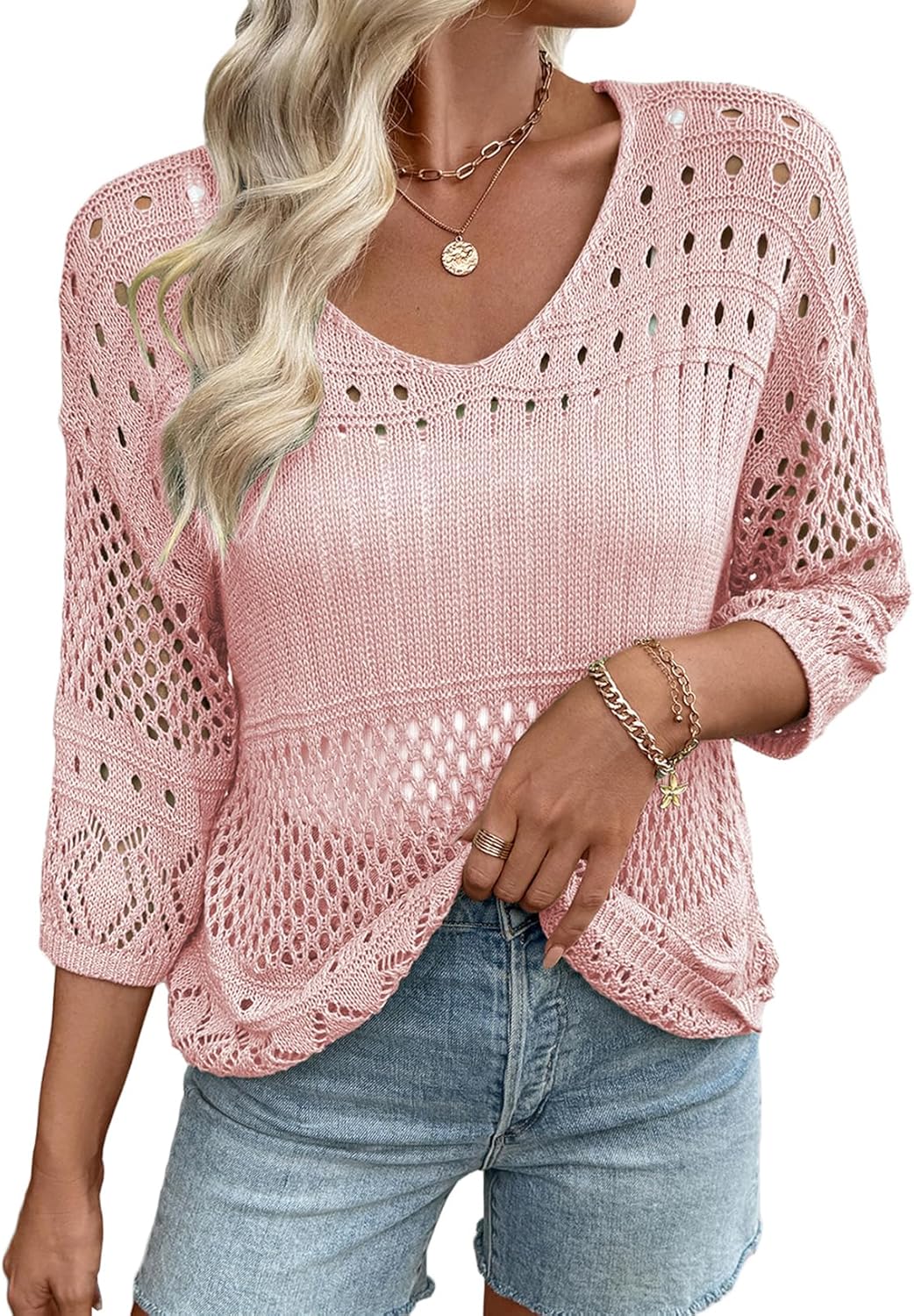 EVALESS Womens Lightweight Sweaters Crochet Hollow Out Knit Tops 3/4 Sleeve Beach Vacation Clothes for Women Trendy 2026