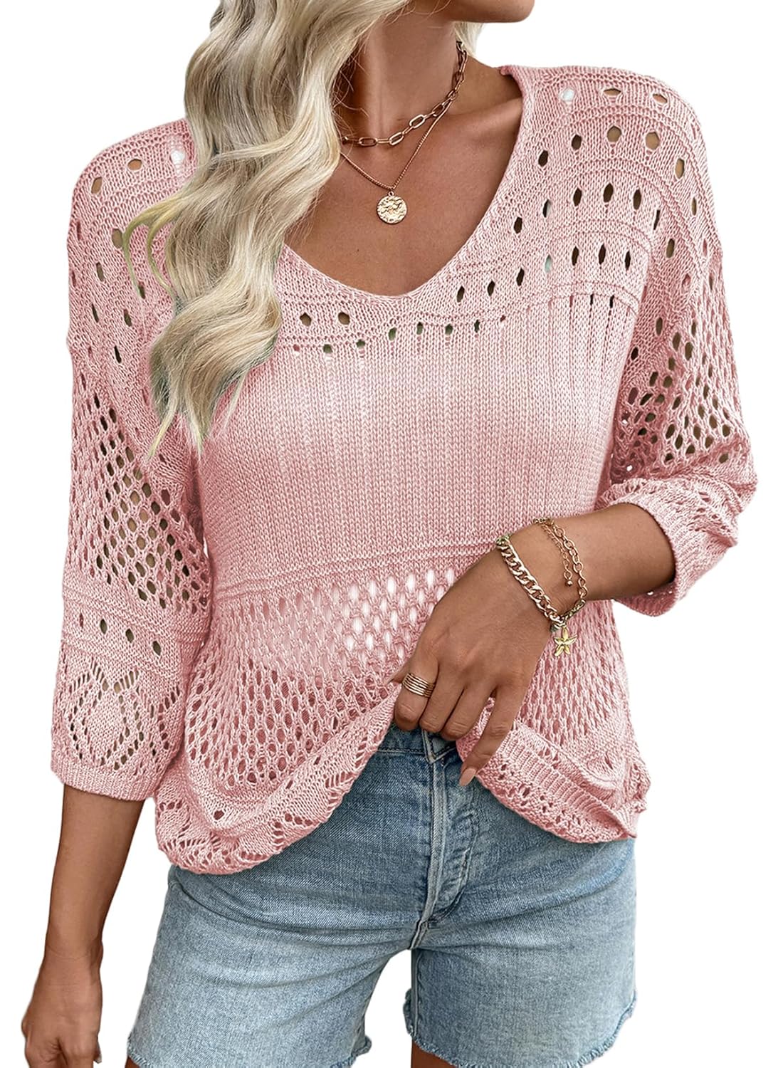 EVALESS Womens Lightweight Sweaters Crochet Hollow Out Knit Tops 3 4 Sleeve Beach Vacation Clothes for Women Trendy
