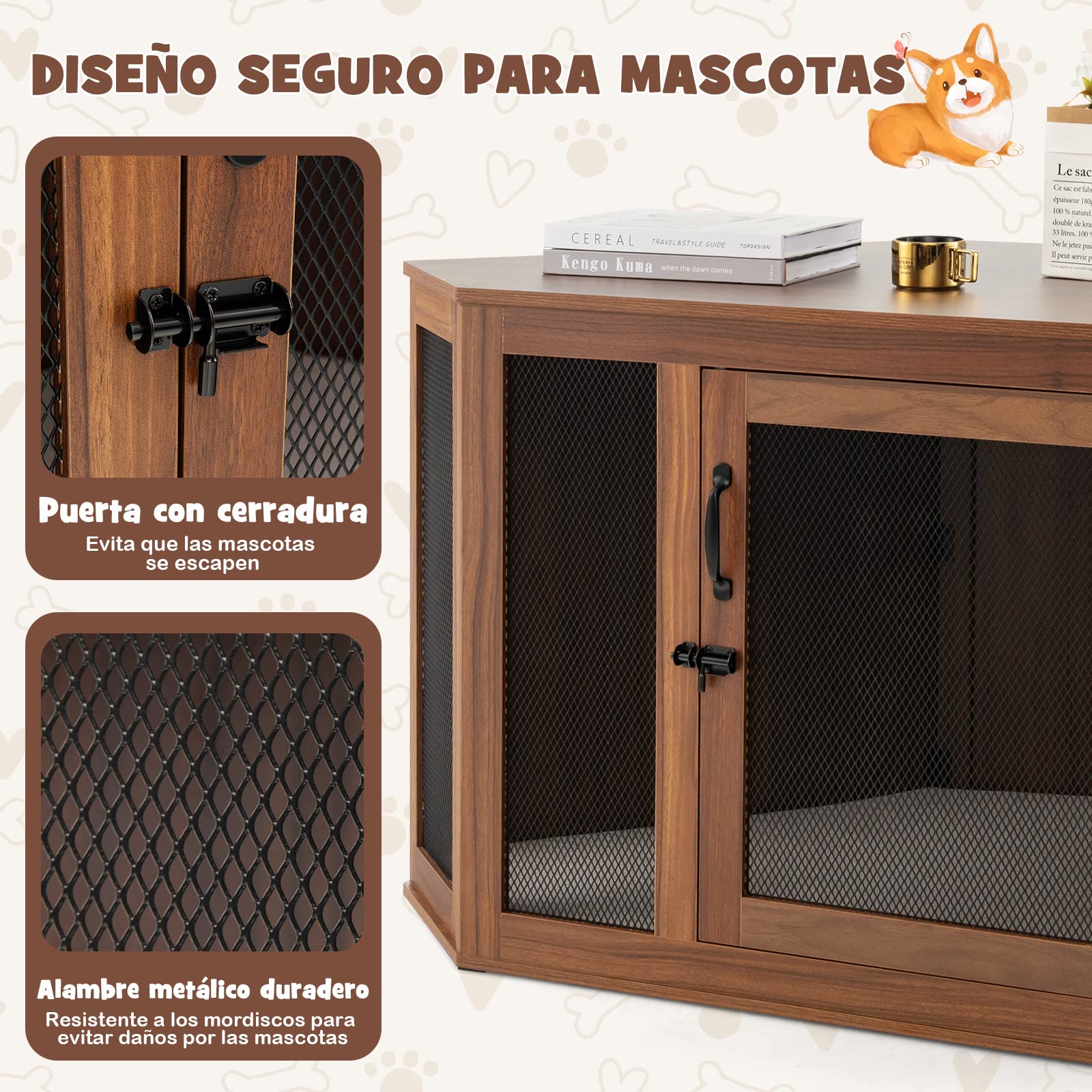COSTWAY Mueble de Esquina para Mascotas, Casa para Perros con Puerta de Malla y Cojín, Jaula para Perros con Estilo de Mueble para Uso Interior, Casa Decorativa para Mascotas para Habitaciones
