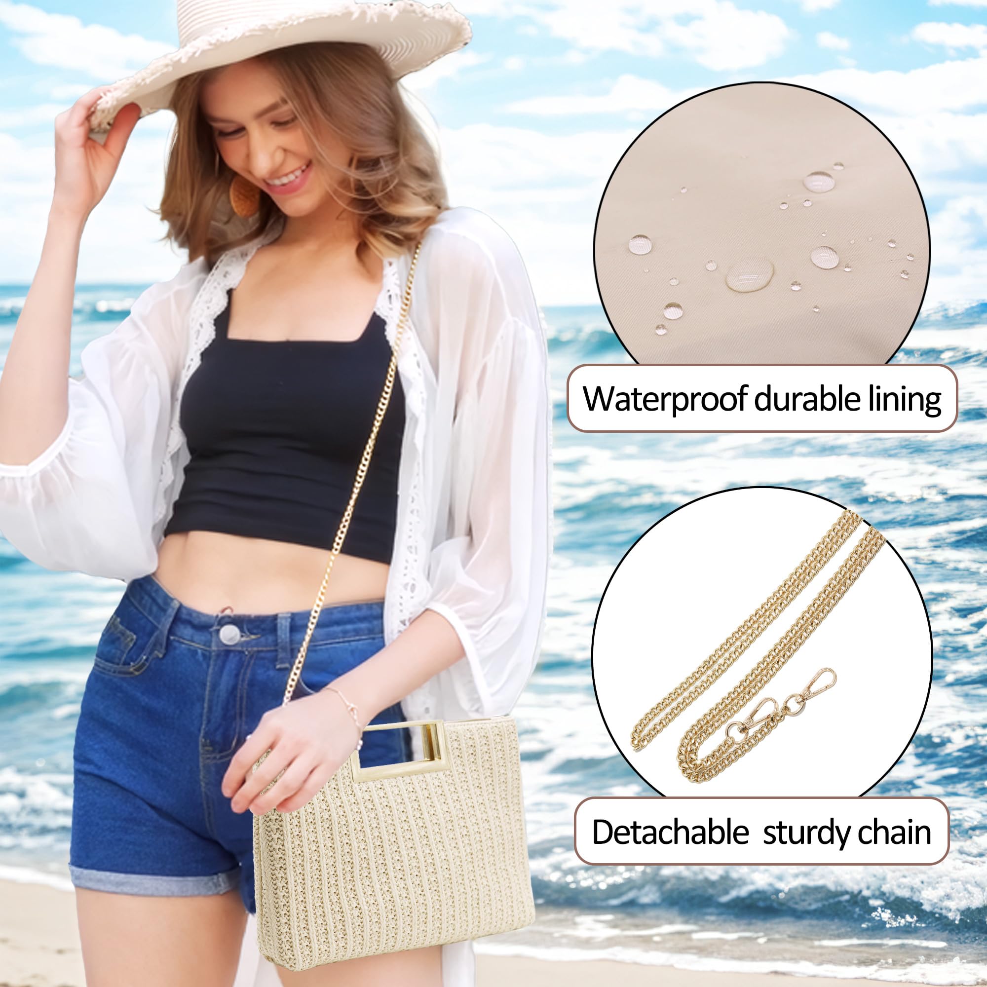 Milisente Straw Purses For Women Woven Rattan Beach Top Handle Clutch Bag With Shoulder Chain For Vacation(Straw Tanned)