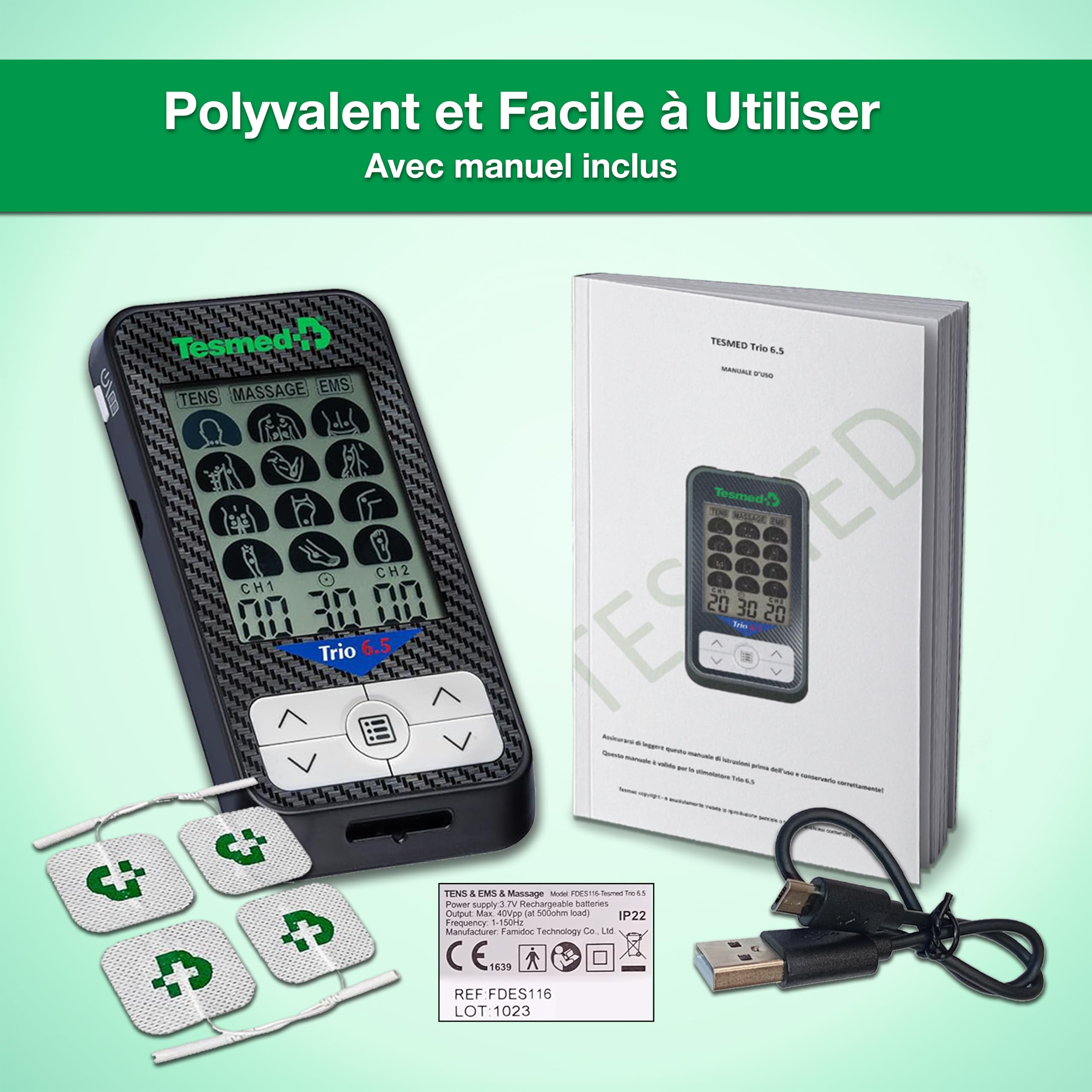 TESMED Trio 6.5 Elettrostimolatore EMS TENS Ricaricabile con ABS Pad Addominali Incluso
