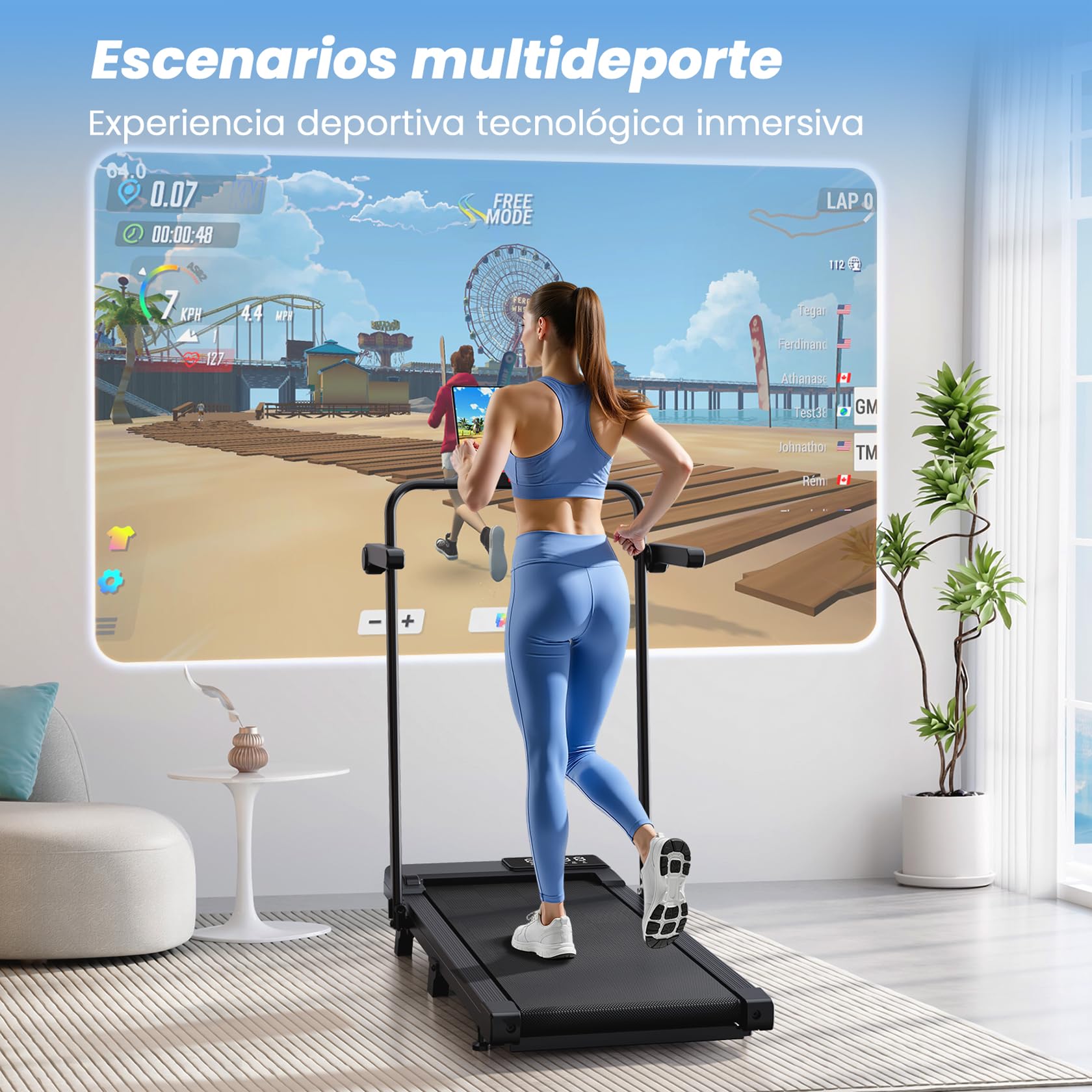 Superun 3,0 HP Cinta de Correr Plegable para el Hogar de Alta Tecnología, 136KG Treadmill, 2-en-1 Cinta de Andar Que Ahorra Espacio con Control App, Cursos de Entrenamiento y Carreras Multi-Curso