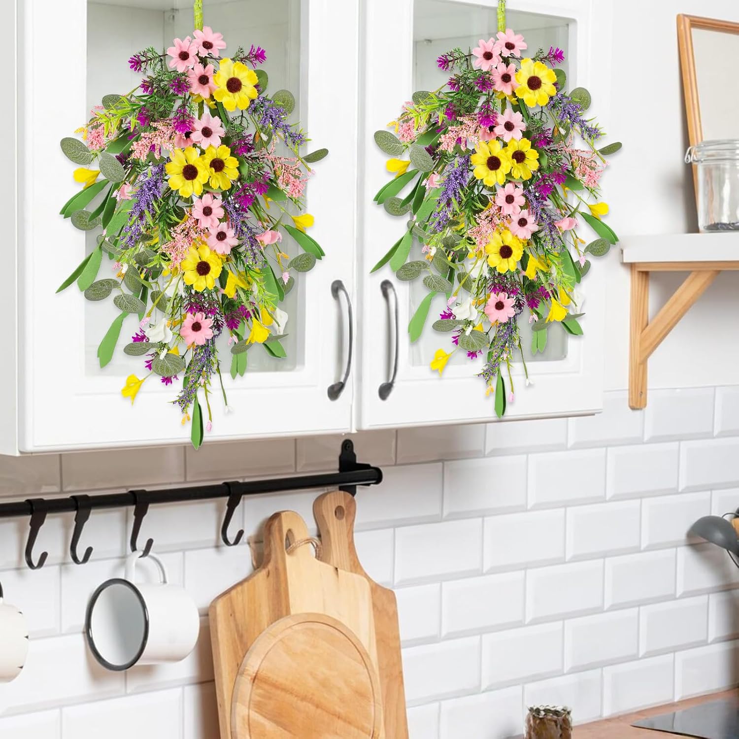 4 Pcs Spring Swags for Front Door, 23.6" Artificial Floral Teardrop Swags with Sunflowers Daisies Lavender, Spring Porch Decor Swag for Farmhouse Wall Window Cabinet Easter Decorations