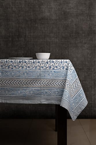 Miniatura 3 de ABHOOH Mantel de algodón, mantel rectangular azul con estampado a mano para decoración de mesa de cocina, comedor, fiestas, bodas, Acción de