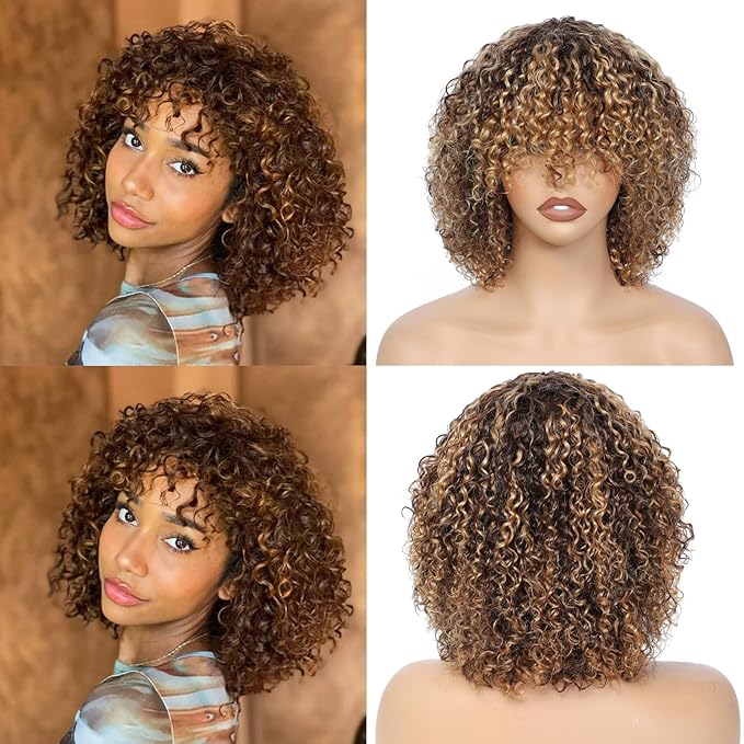 Top Curly Haircut Ideas for Women, Short Curly Hairstyles LYOLKSER 200 density short curly human hair wig with bangs 100 percent human hair no lace wig for black women highlight P4/27 brown and blonde 12 inch
