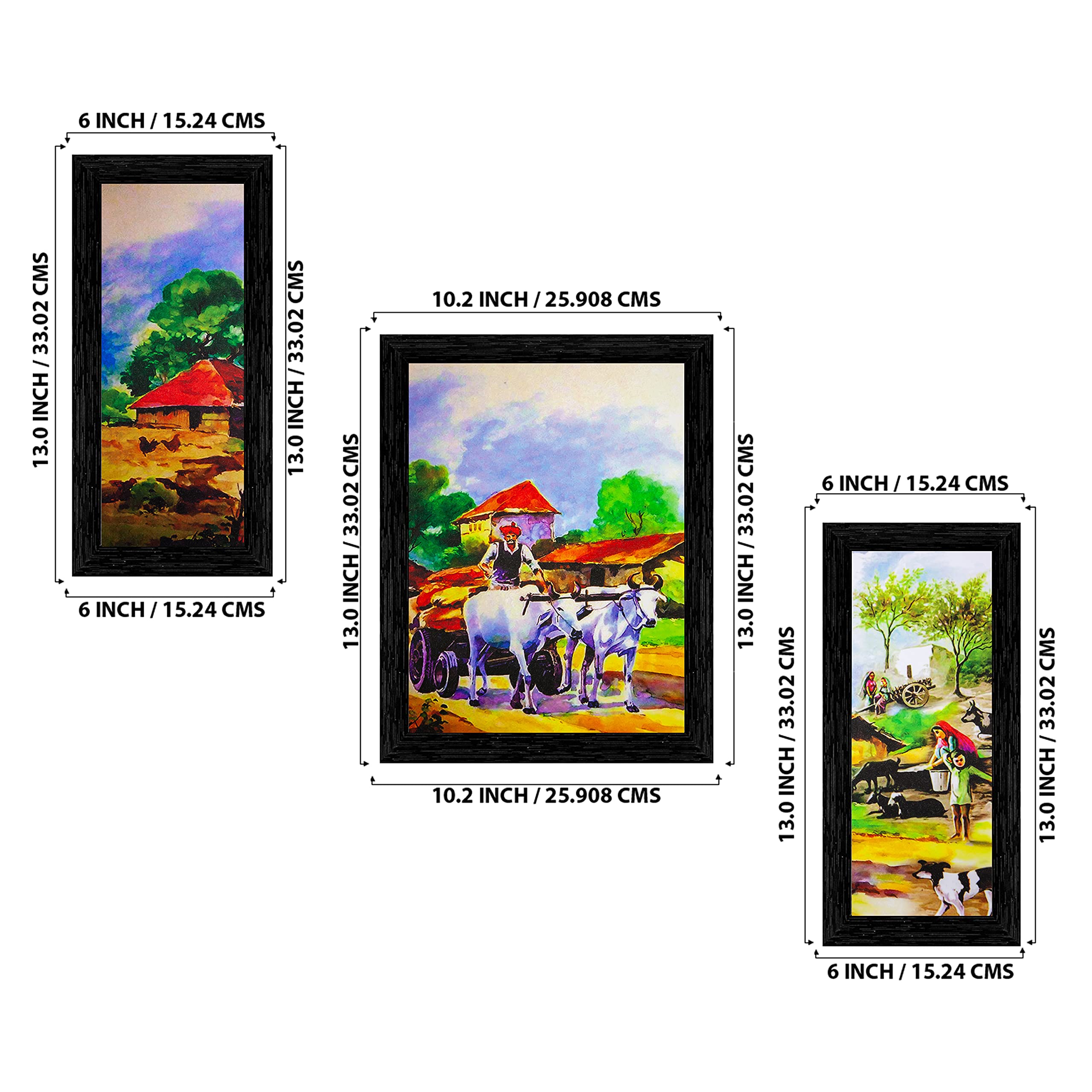 Indianara Zestaw 3 indyjskiej wioski oprawiony obraz artystyczny (3571BK) bez szkła 15 x 33, 25 x 33 cm, 15 x 30 cm