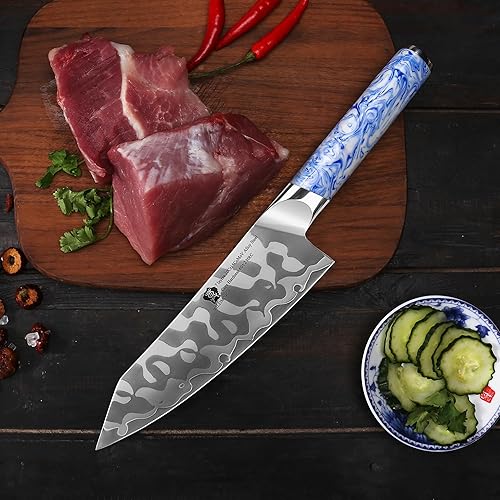 Miniatura 9 de WILDMOK Cuchillo Santoku de acero aleado 10Cr15CoMoV de 7 pulgadas, diseño ergonómico de porcelana azul y blanca, mango de resina, cuchillos de