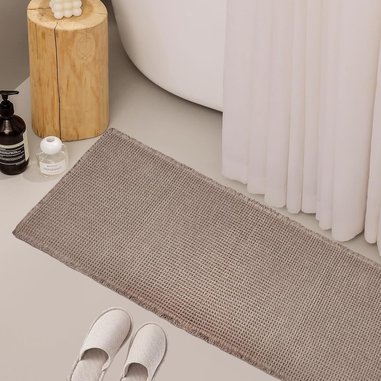 ZALL Tan Waffle Bath Mat,Super Absorbent Non Slip Long Bathroom Runner Rug,Brown 24X72inch,Machine Washable Ultra Soft Floor Mats