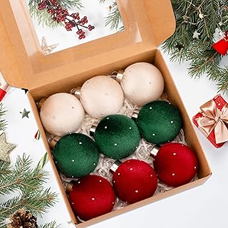 Bolas de Natal de veludo, pacote com 9, leve, 60 mm/2,36 polegadas, enfeite de pendurar para pendurar na árvore de Natal, aniversário, férias, casamento, bege, verde, vermelho