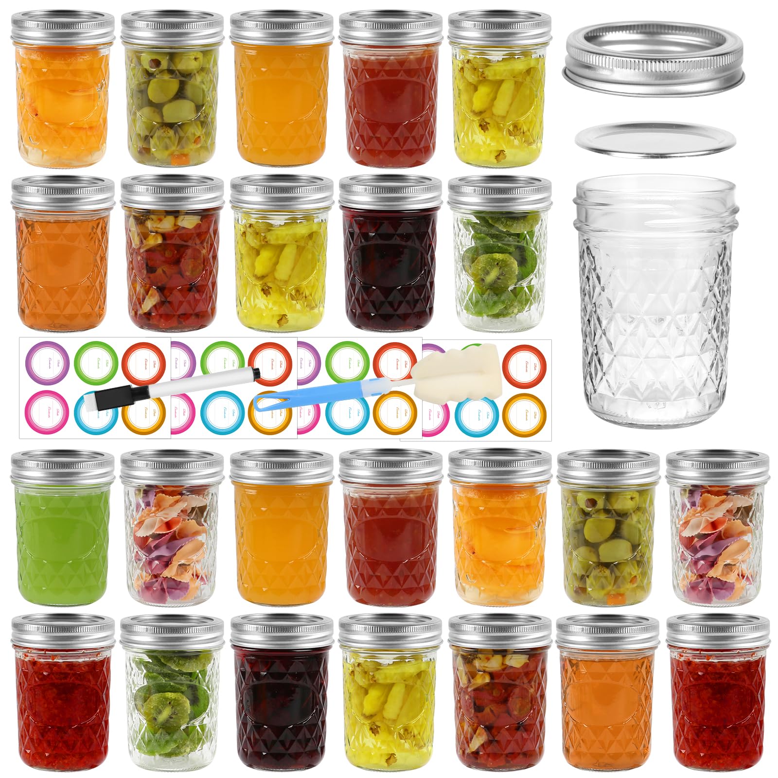 8oz mason jars with Silver Lids&Bands 24Pack and Stickers, Small Mason Jars 8 oz - Half Pint Canning Jars 8oz Glass Jars with Lids for Oats/Jelly/Jams/Crafts/Candles