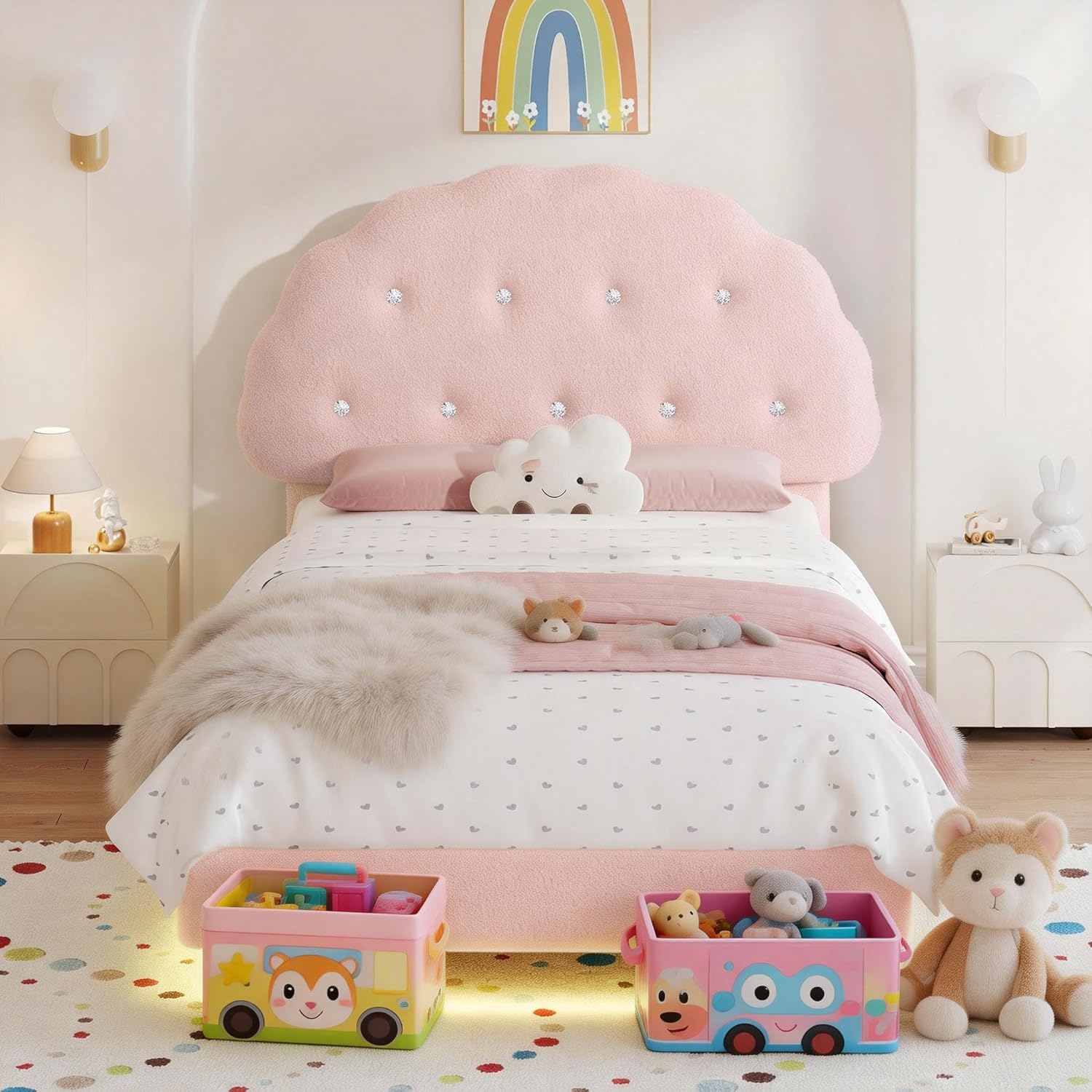 Teddy Velvet Full Size Bed Frame with LED Lights, Cookie Floating Platform Bed Frame, Adjustable Headboard and Elevated Footboard, Noise Free,Princess Room Upholstered Bed Frame, (Pink)