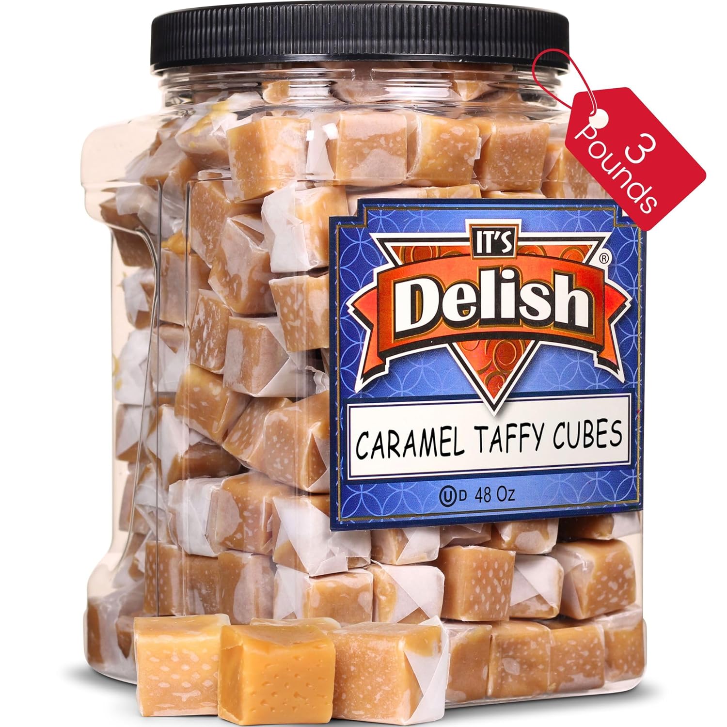 Vanilla Caramel Squares Taffy Candy by Its Delish, 3 LBS Jumbo Container – Soft Caramels Candy Chews Individually Wrapped – Delicious Chewy Carmel Treats for Home or Office Parties | Kosher Dairy