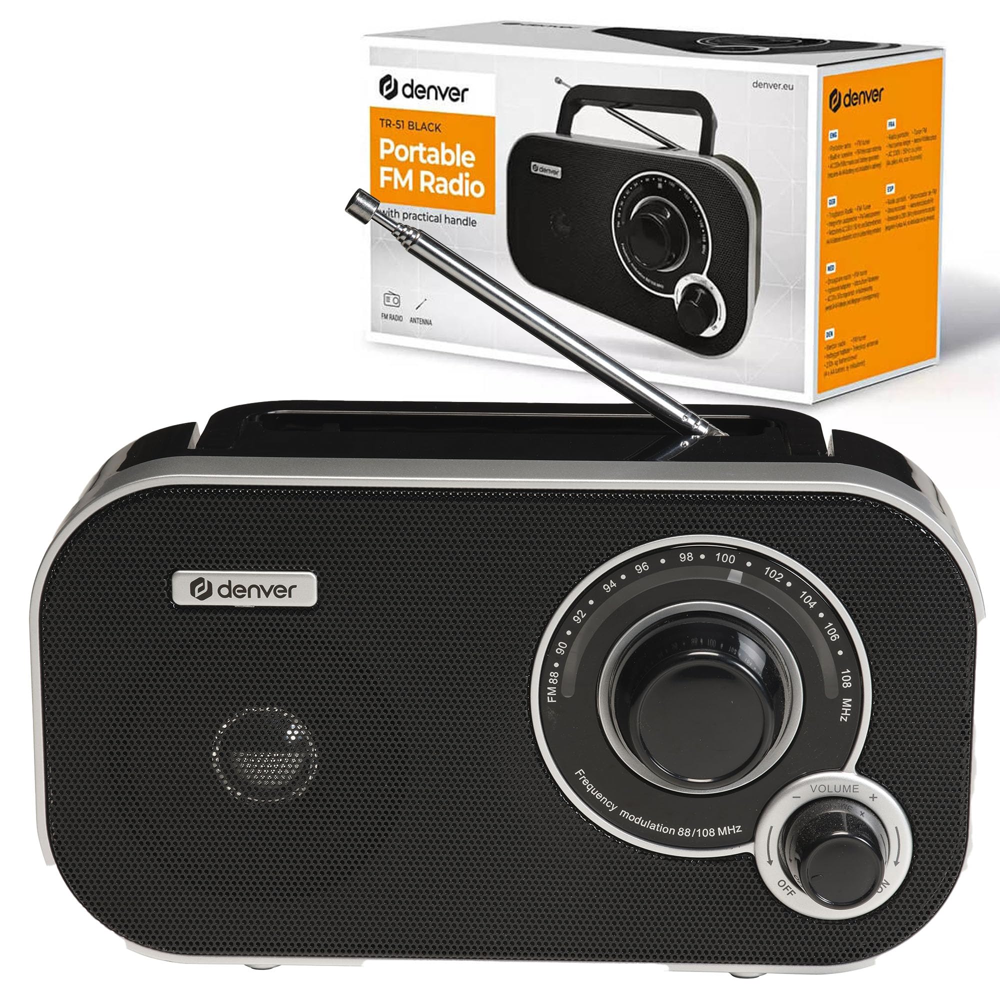 Denver TR-51W FM Koffer Radio – Tragbares Retro Mini Radio mit analoger Sendersuche – Netz- und Batteriebetrieb – Kompakte Bauweise und klarer Klang