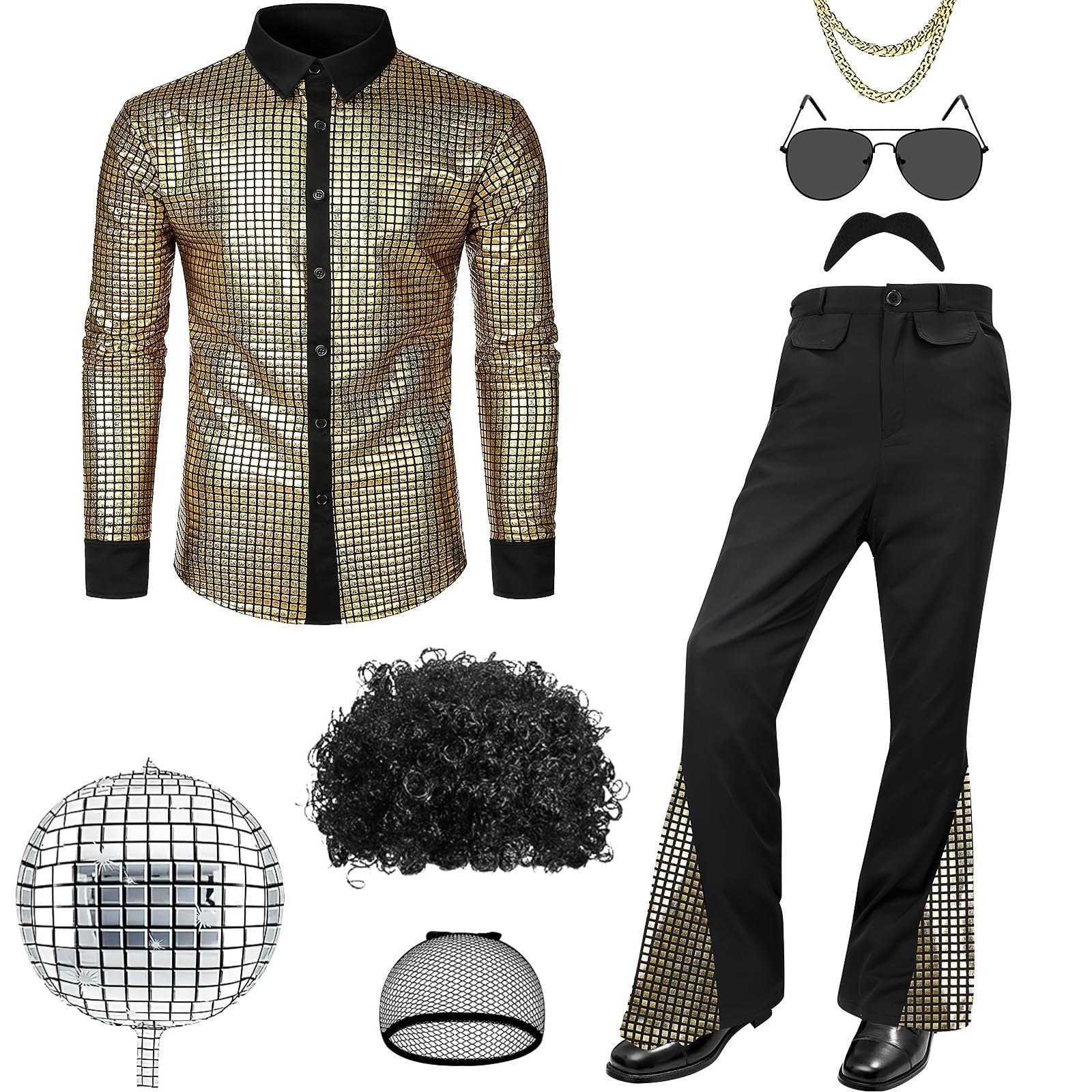 Malloom 70s Fancy Dress Mens Pimp Costume - Disco Outfit for Men, Costume 70s Shirts with Flares, Wig & Sunglasses Accessories Set, 1970s Disco Fancy Dress for Halloween Carnival Party (L)