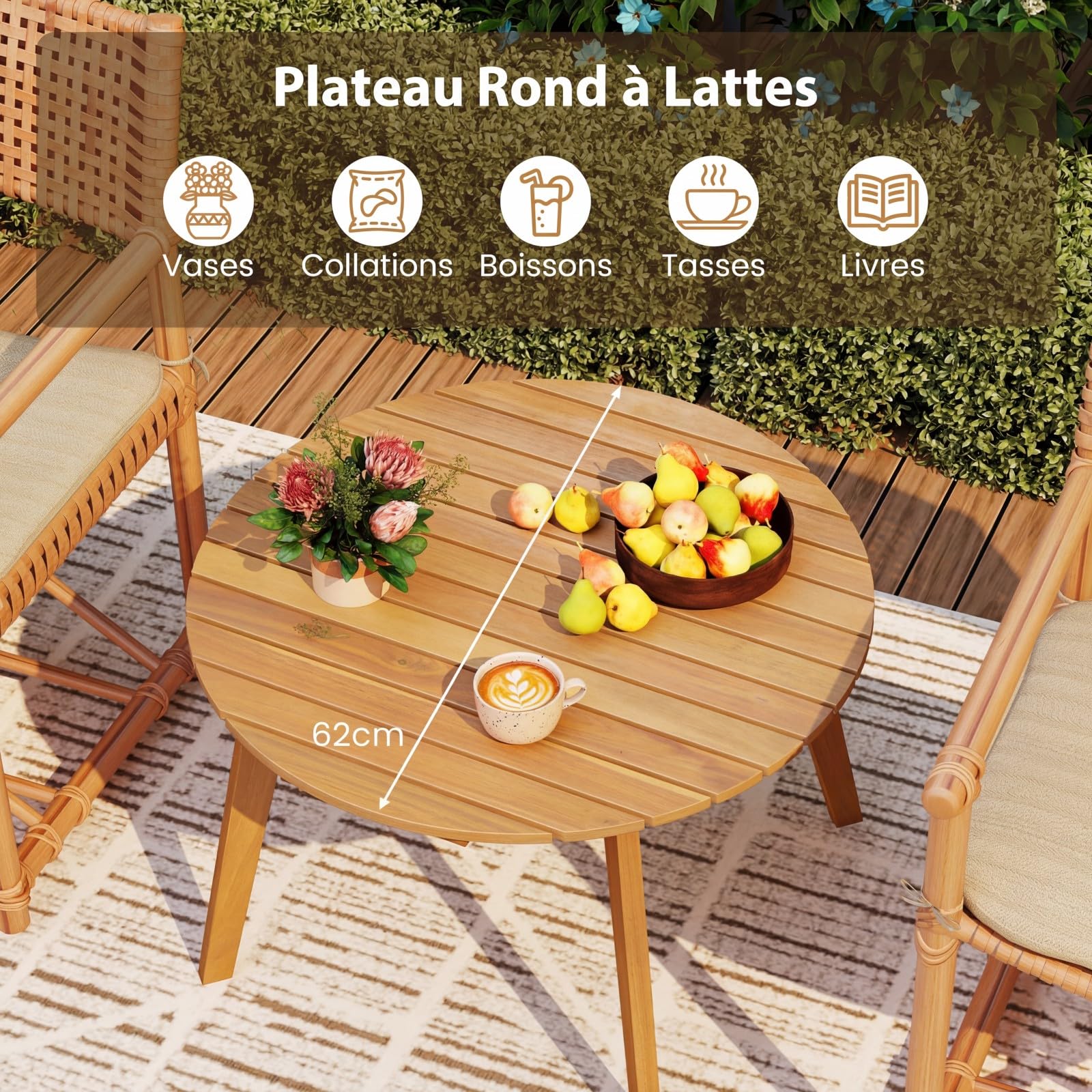 GOPLUS Table Basse Exterieur 62x40cm, Petite Table de Jardin en Bois d'Acacia avec Plateau Rond à Lattes&4 Pieds Fiables, Montage Facile, Meuble de Bistrot pour Terrasse Balcon Piscine, Charge 75kg