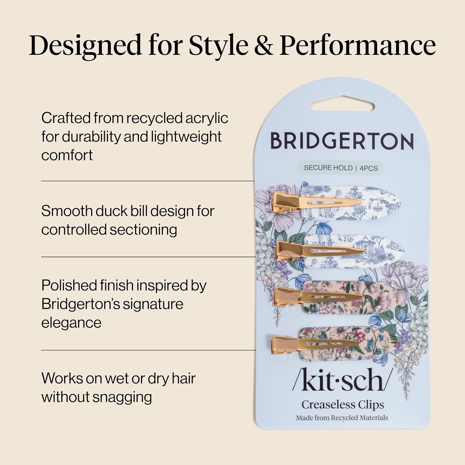Bridgerton x Kitsch Creaseless Hair Clips for Women - No Crease, No Bend Hair Clips for Styling, Bangs, Makeup Application, Face Wash | Recycled Acrylic - Toile in Bloom | Ideal Gifts for Women, 4pcs - Image 4