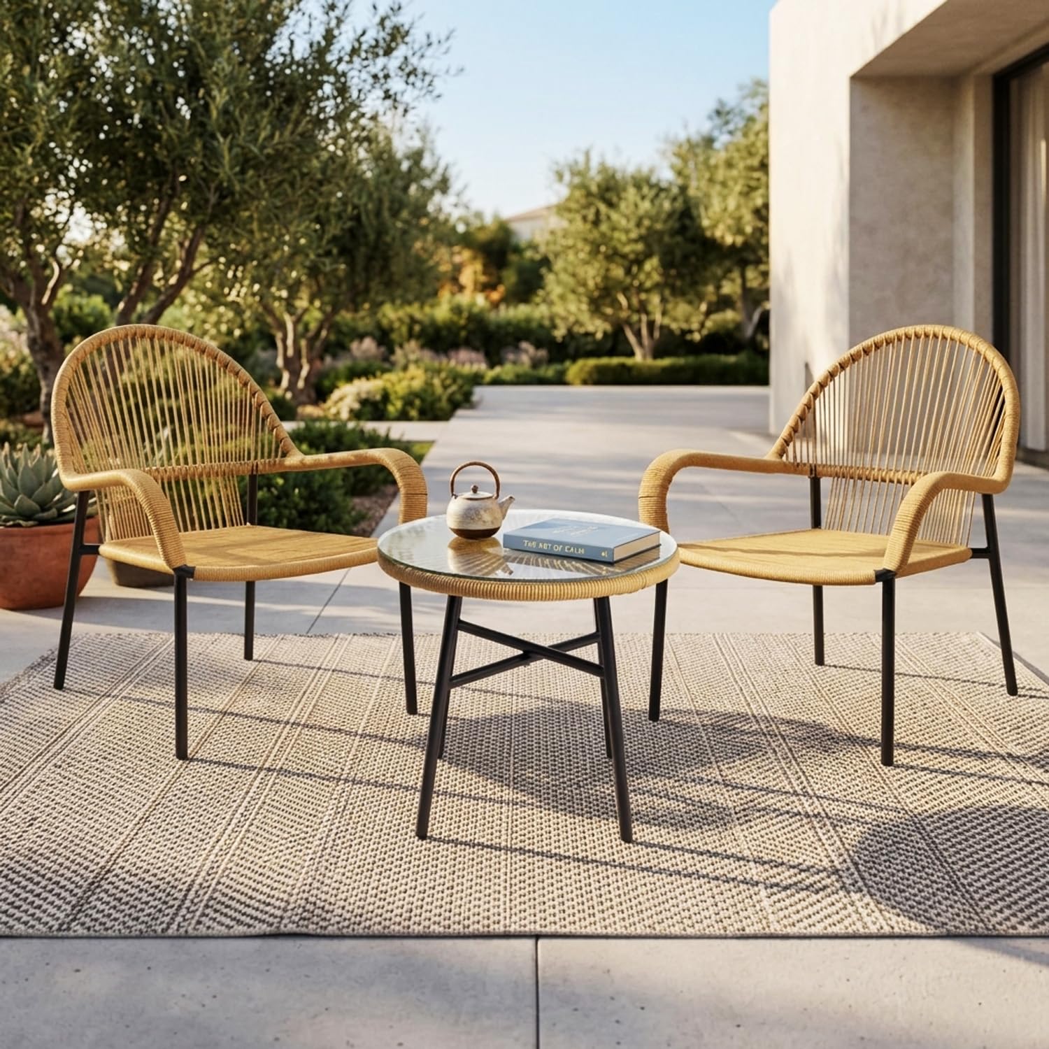 DEVOKO Outdoor 3 Piece Beige Rope Patio Balcony Conversation Set for All Weather Comfort Breathable & Weather Resistant Metal Frame for Garden, Pool, Porch, Deck-image-3