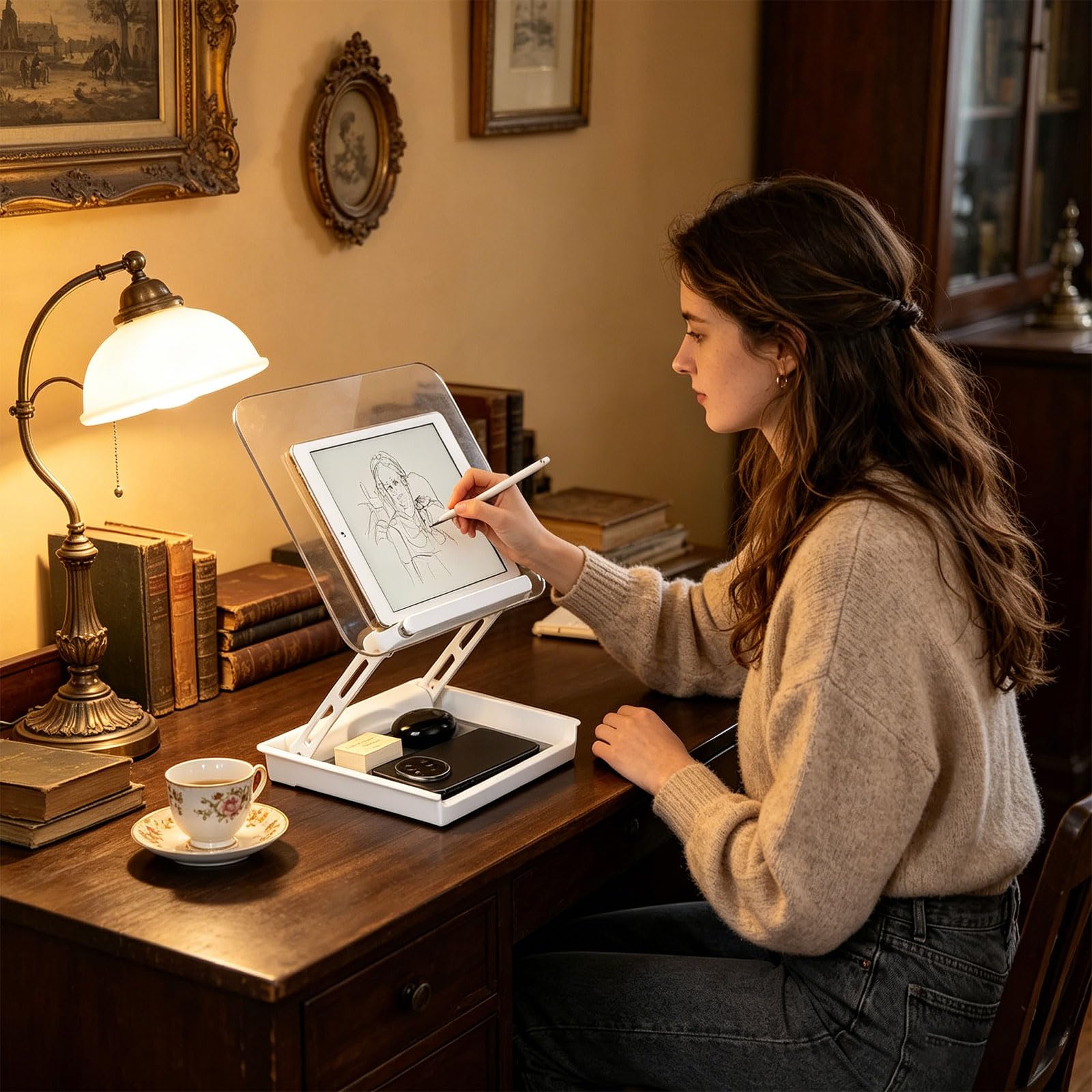 Supporto per libri in acrilico trasparente con cassetto nascosto regolabile per leggere lavori cucina, contenere tablet, libri cucina, accessori da scrivania