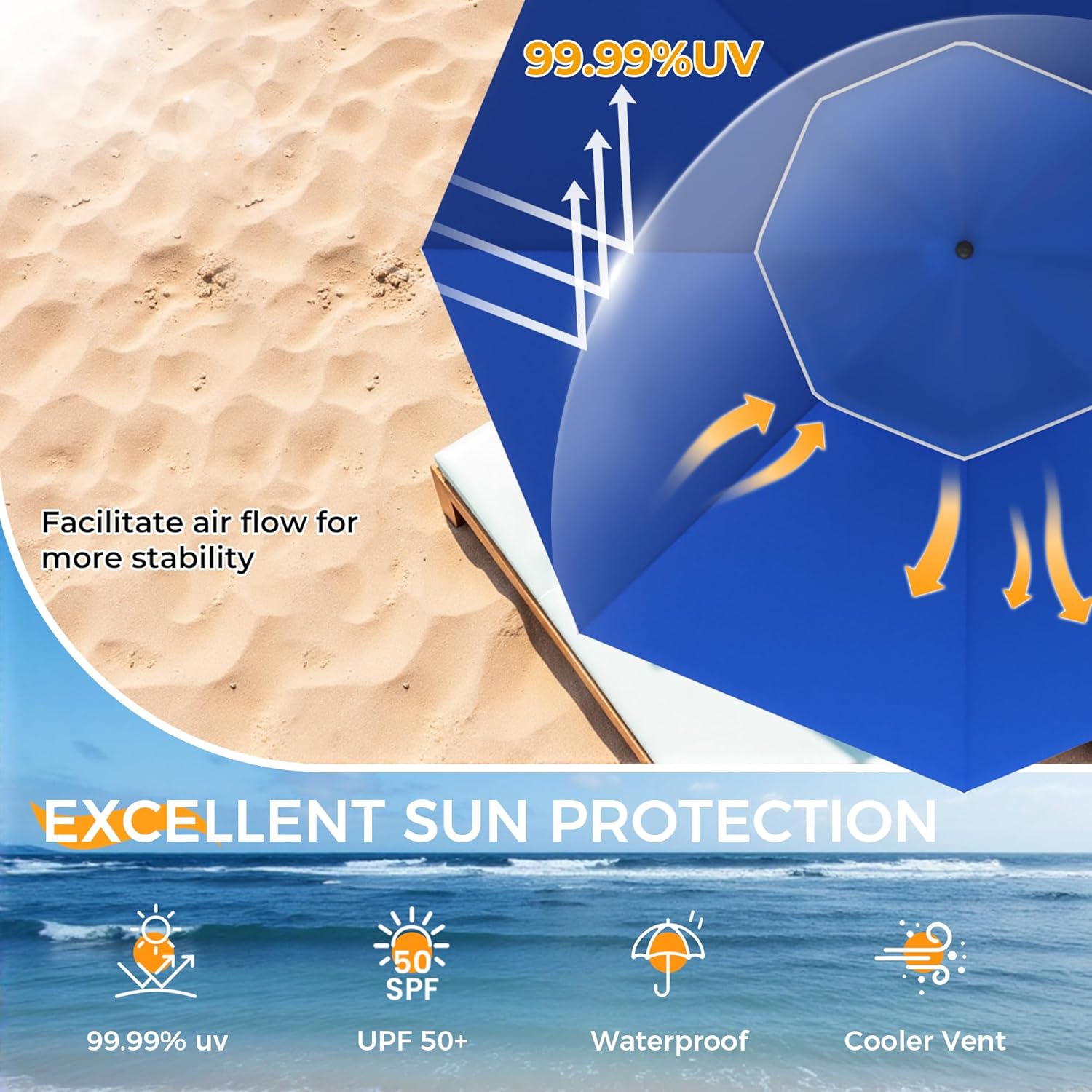 HOMEDEMO 8FT Large Beach Umbrella with Weight Bag & Sand Anchor, Outdoor Umbrellas with Adjustable Aluminum Pole and Table, Heavy Duty Windproof & UPF 50+