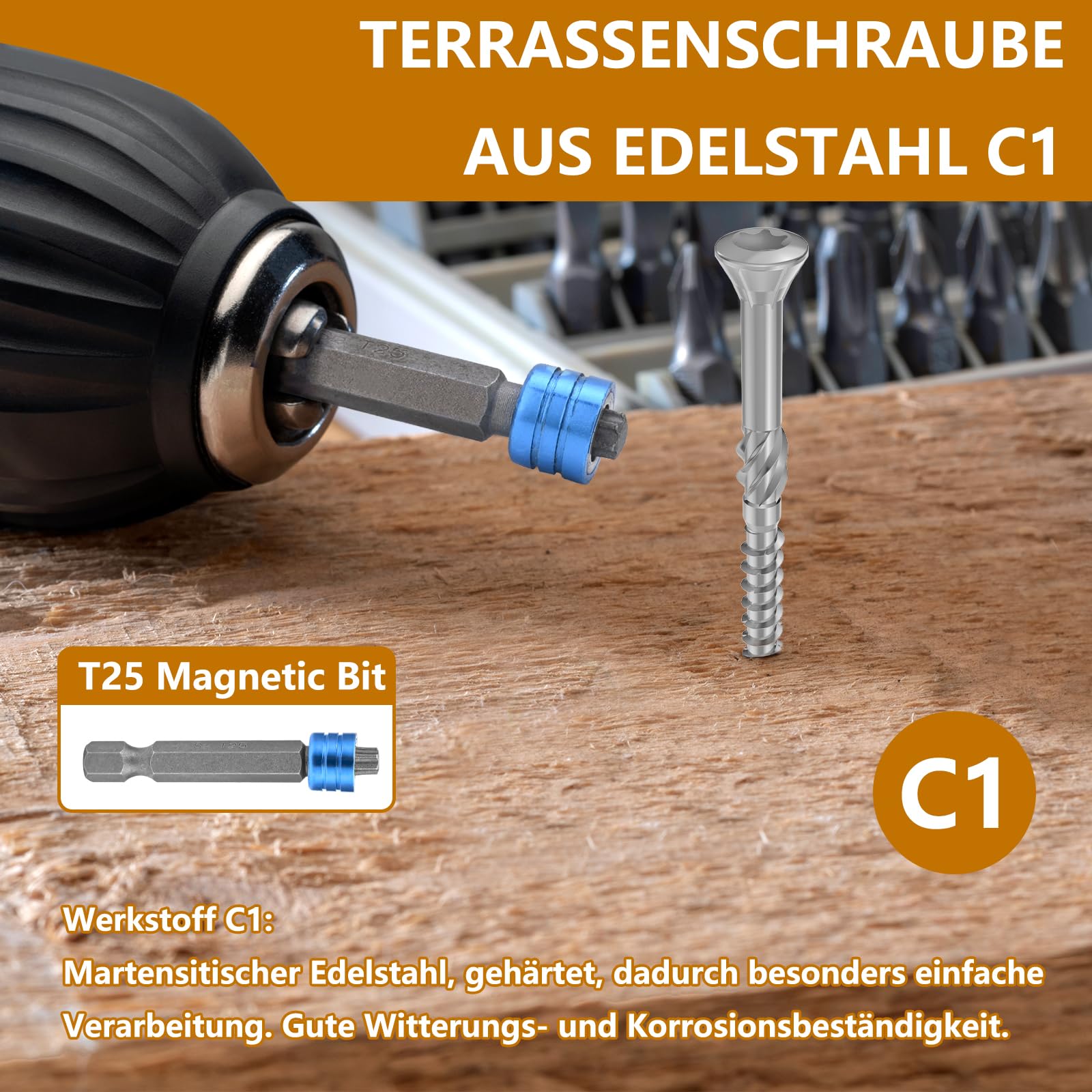 TCO Terrassenschrauben Edelstahl C1 5x70mm 200 Stück Terrassendielen Schrauben mit Zier-Senkkopf,Cut-Spitze, Reibteil, Schneidkerbe, Sägezahn Gewindeschliff & T25 Magnetic Bit