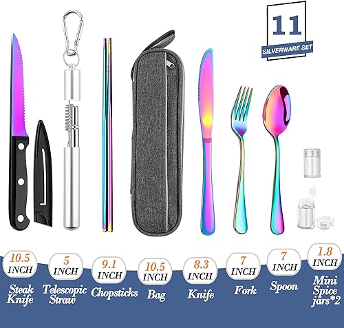Miniatura 2 de Utensilios portátiles reutilizables de viaje con estuche, juego de cubiertos de viaje para camping, palillos chinos y pajilla, cubiertos, juego de