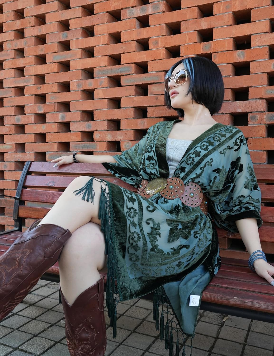 Women's Burnout Velvet Kimono Long Cardigan Cover Up With Tassel - Image 6