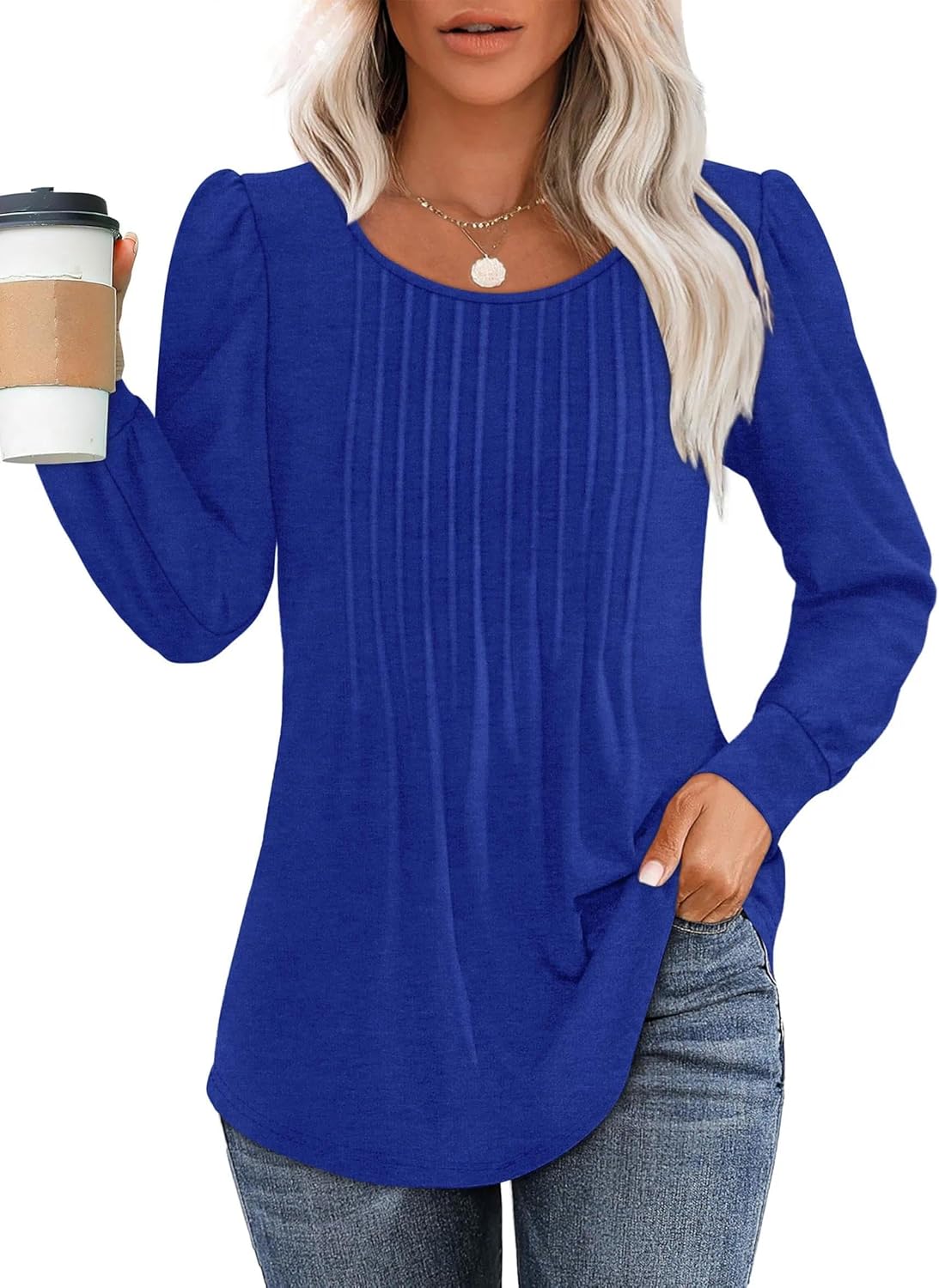 Womens Long Sleeve Tunic Tops Dressy Casual Shirts Pleated Crewneck Basic Blouses Fall 2025 Trendy Outfits