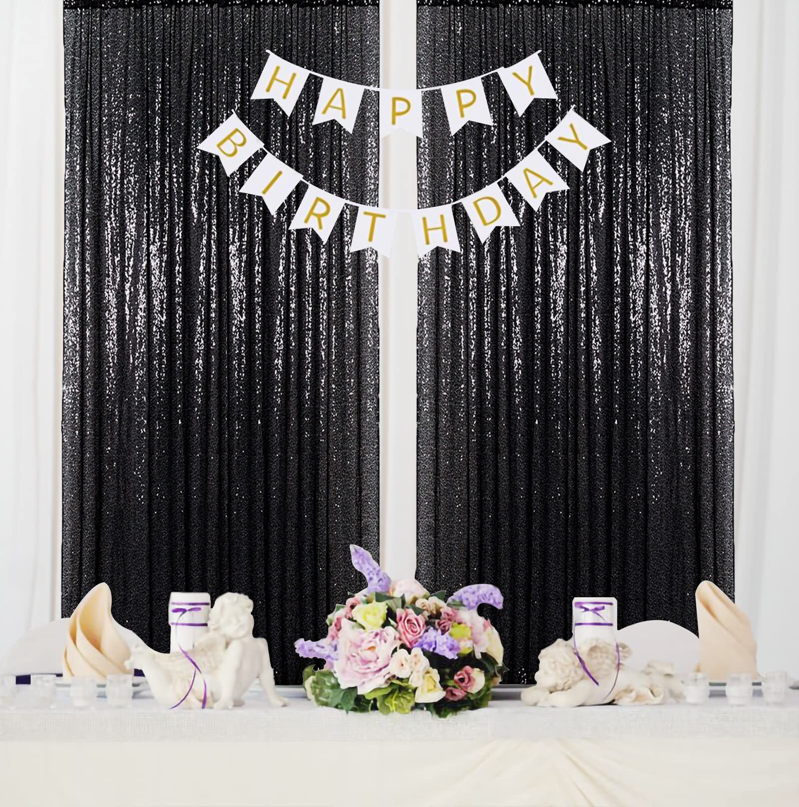 ShinyBeauty Black Sequin Backdrop Curtains 2 Panels Seuqin Bakdrop 4x8FT Shimmer Backdrop for Photograph Wedding Backdrop Drapes Black Glitter Backdrop Curtain