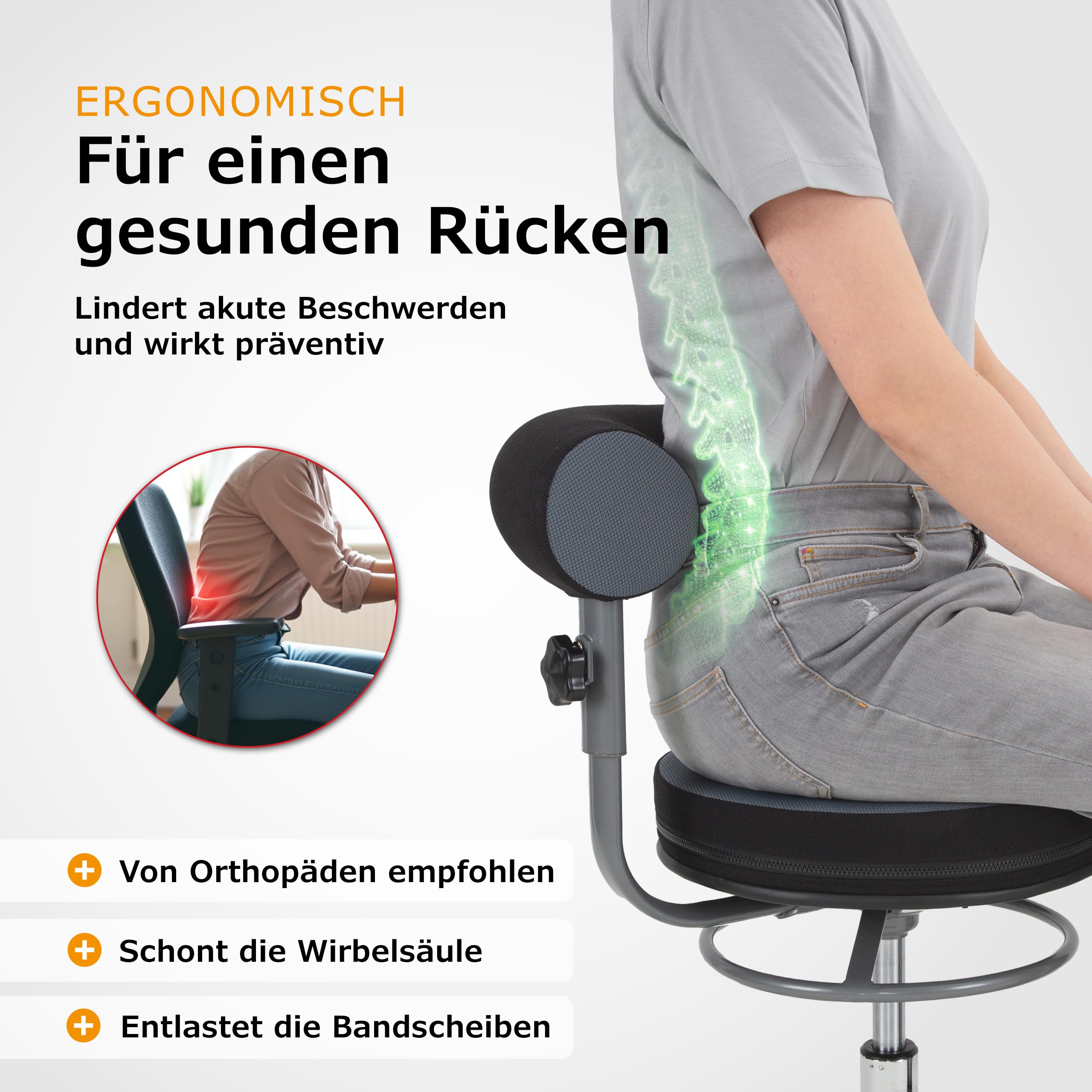 Sanus®-Gesundheitsstuhl | Rollhocker mit 360° Lehne, höhenverstellbarer Lehne, Sitzhöhe (42-51 cm), Stoffbezug grau/schwarz, Rollstopp-Rollen. Ergonomischer Bürostuhl, Erzieherstuhl