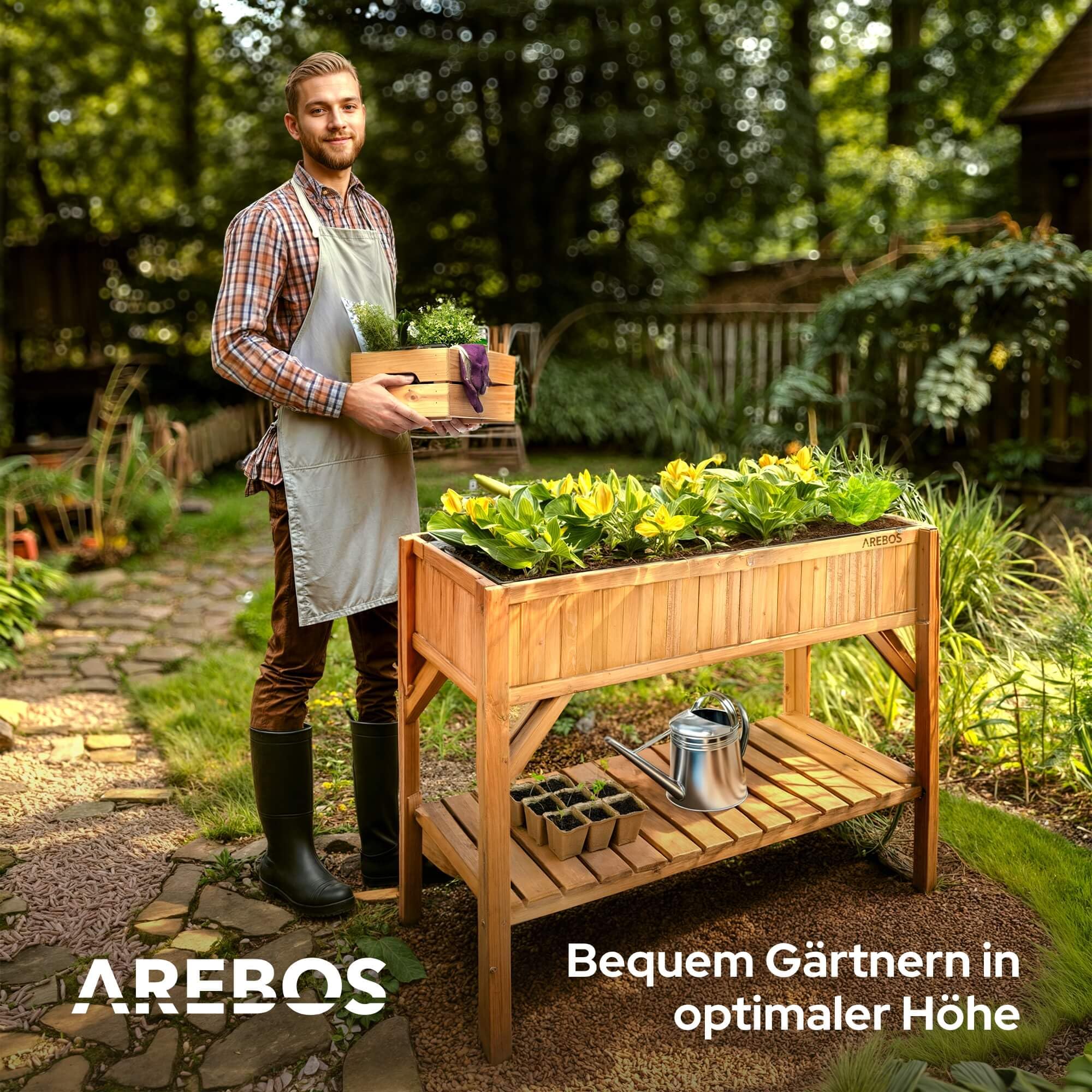 Arebos Hochbeet aus Holz mit Ablagefach | für Garten, Balkon und Terrasse | Innenleben mit Schutzvlies ausgestattet | 119 x 53 x 90 cm | Pflanzkasten & Blumenkasten | Pflanzbeet, Frühbeet