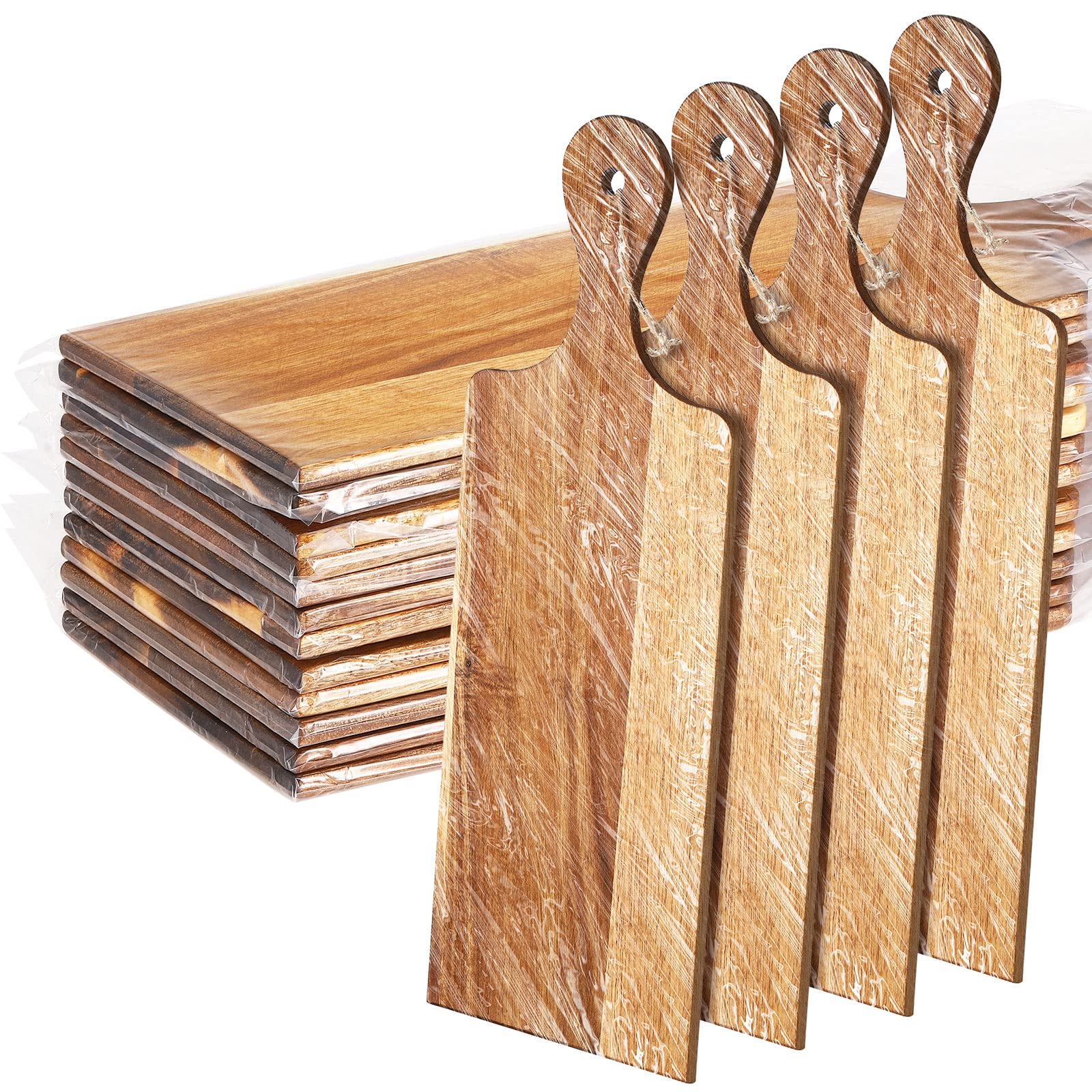 Juego de 12 tablas de cortar lisas con asas, tabla de servir grande, tabla de cortar de madera a granel para verduras, carne, pizza, queso, pan de frutas (17 x 6 pulgadas, madera de acacia)