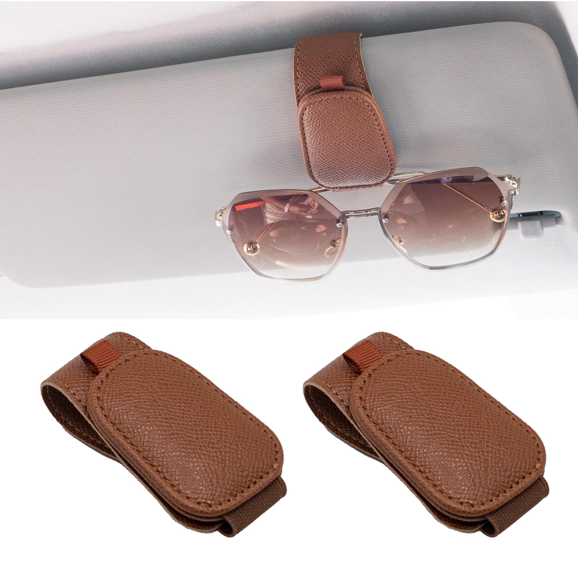 Tryagat 2 Pcs Sunglass Holder for Car for Chevrolet Camaro 1991-1999, Car Visor Accessories Magnetic Leather Sunglasses Holder Visor Clips for Accessories,Brown