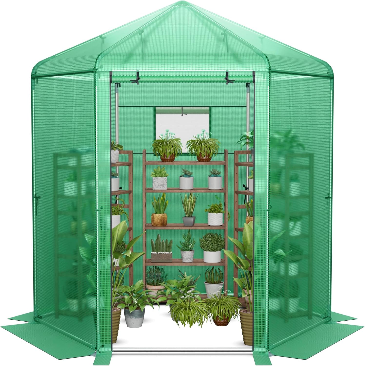 HAPPYGRILL 7 x 6 x 7.5 FT Walk-in Greenhouse, Large Outdoor Heavy Duty Greenhouse with PE Cover, Mesh Window & Roll-Up Door, Portable Greenhouses for Plant Gardening