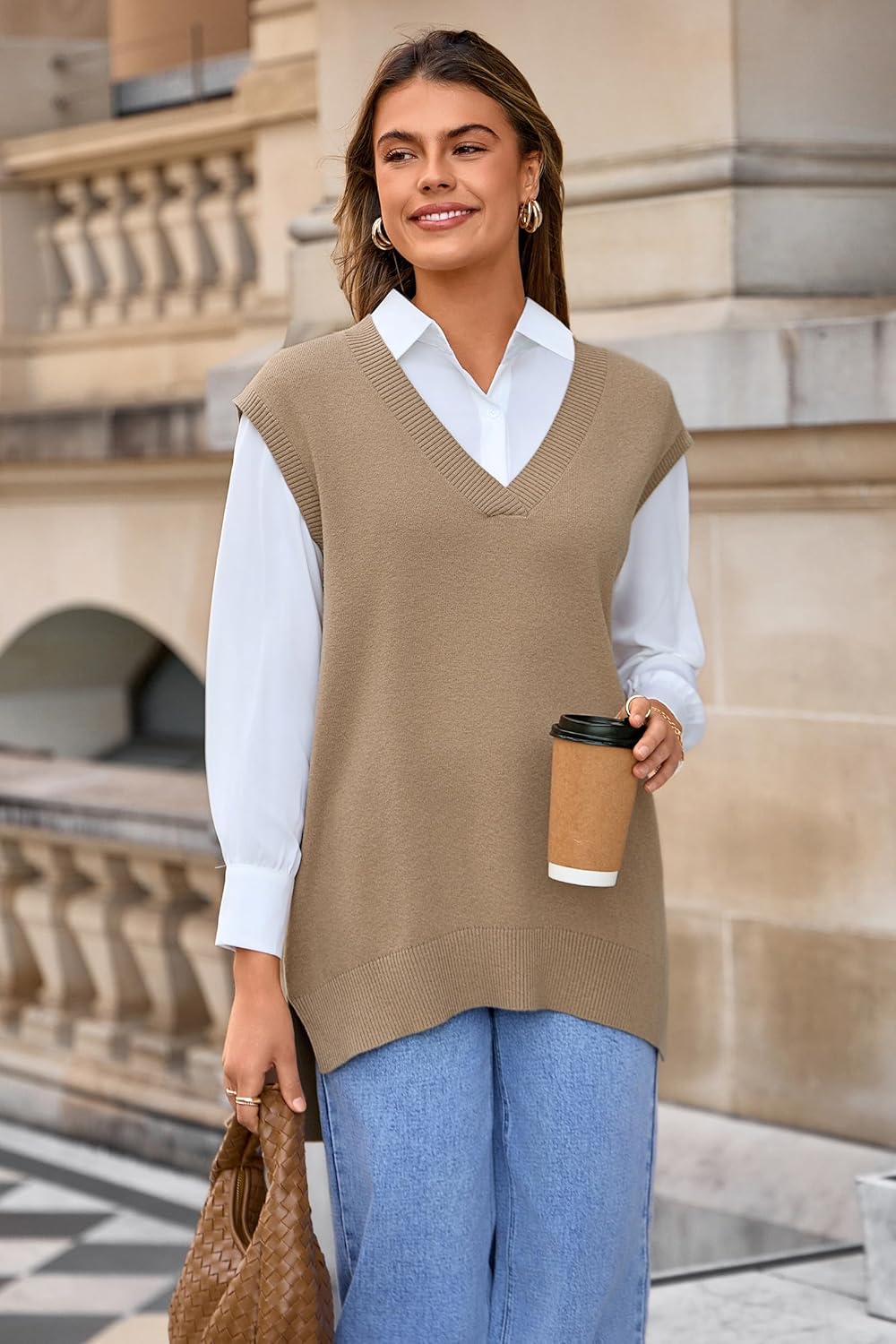 Arach&Cloz Women's Wool Blend Side Slit High Low Versatile V Neck Fall Sweater Vests 2025 - Image 3