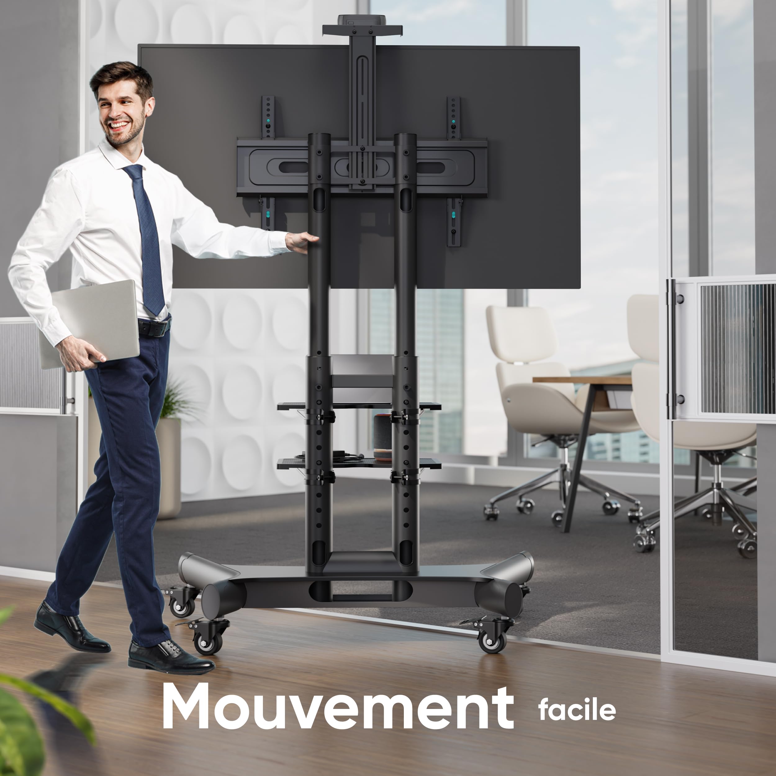 ONKRON Support TV roulettes pour 40-70 Pouces, Support Television Professionnel Poids de 60,5 kg, Chariot Télé Mobile Max VESA 600x400, Support TV sur Pied avec roulettes Noir TS1552-B