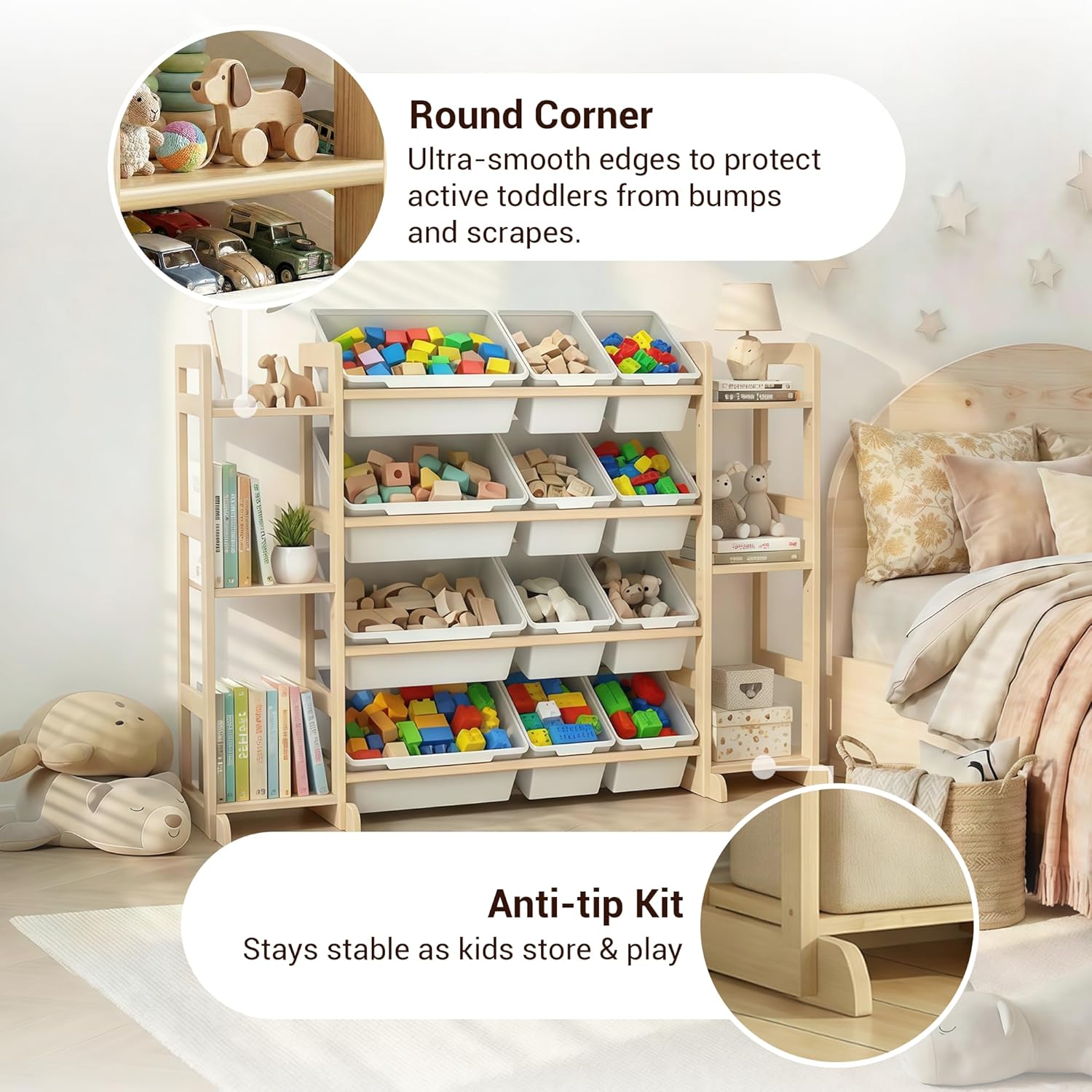 KiddoCood Kids Toy Storage Organizer, 100% Solid Wood Montessori Toy Organizer, BPA Free, CPC-Certified Playroom Organization for Living Room & Nursery, Brown