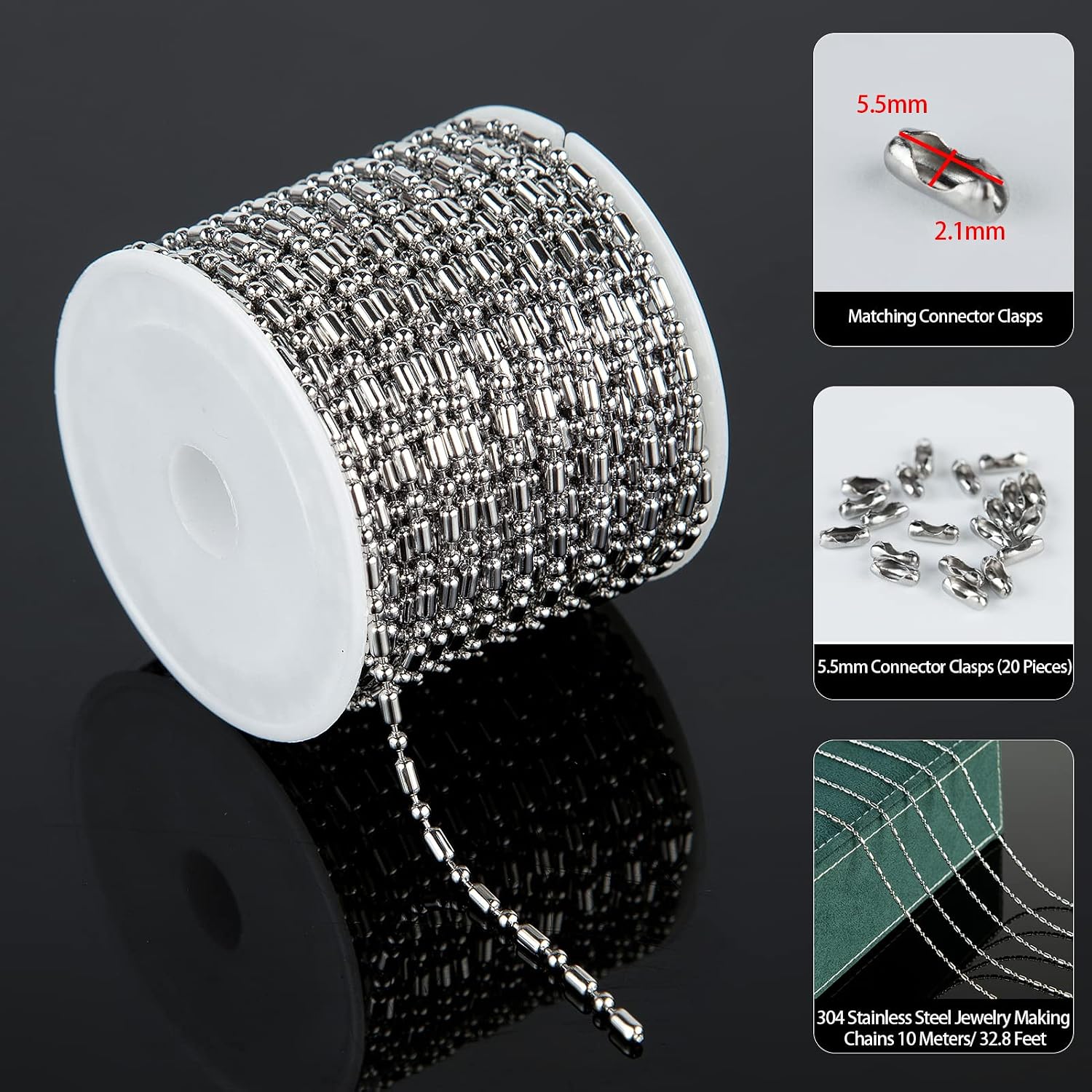 UMAOKANG 32.8 Feet 2mm Stainless Steel Bead Chain Roll Silver Ball Chains Dog Tag Chain Necklace for Men Military Jewelry Making DIY Pull Chain with Matching Connectors Kit
